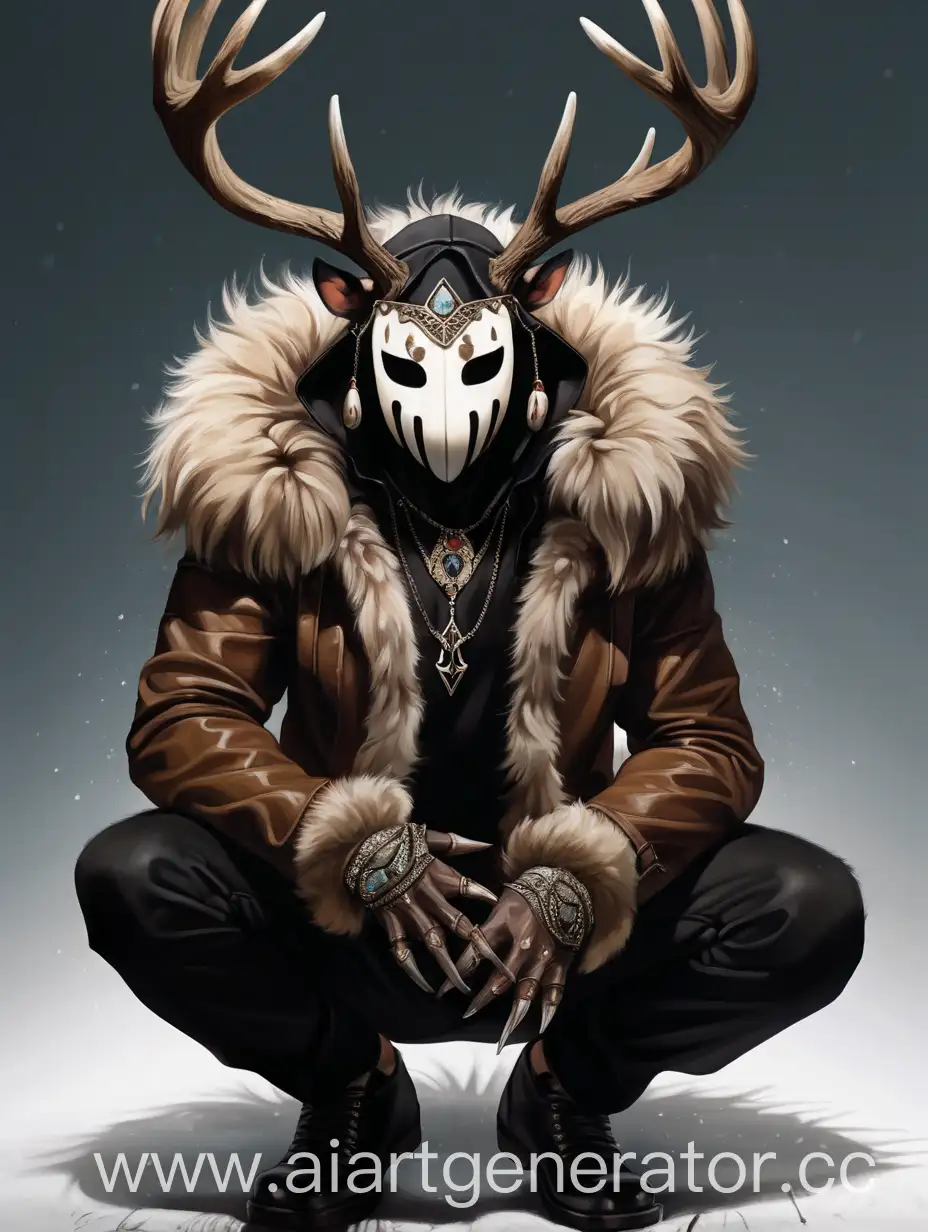 solo, 1boy, jewelry, male focus, fur trim, mask, squatting, claws, antlers, horror.