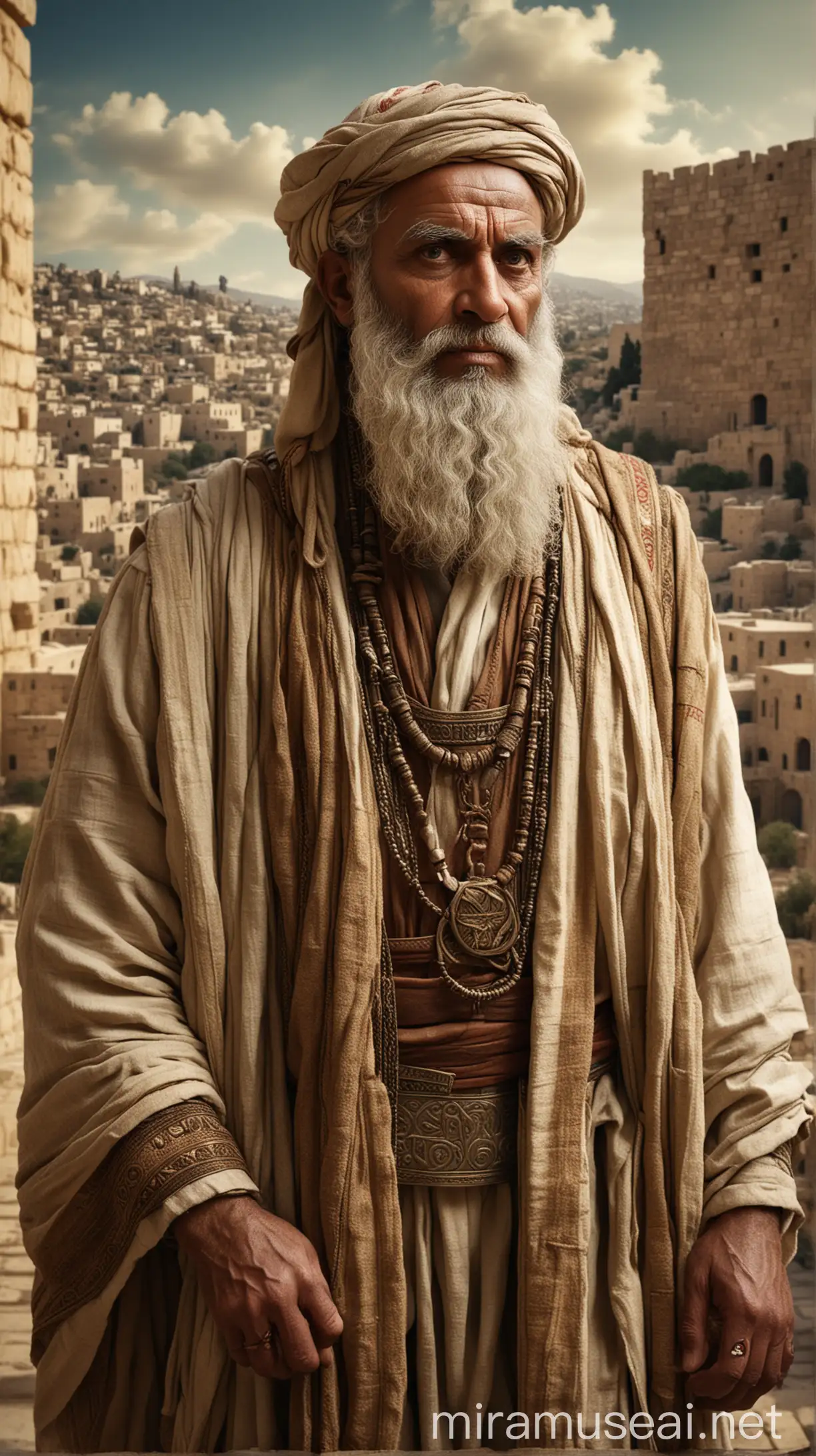 Create an image of an ancient Hebrew leader named Uttai, with a solemn expression, dressed in traditional 6th century BC attire, symbolizing his role as a succorer. The background should depict ancient Jerusalem, with its historical buildings and walls."In ancient world 