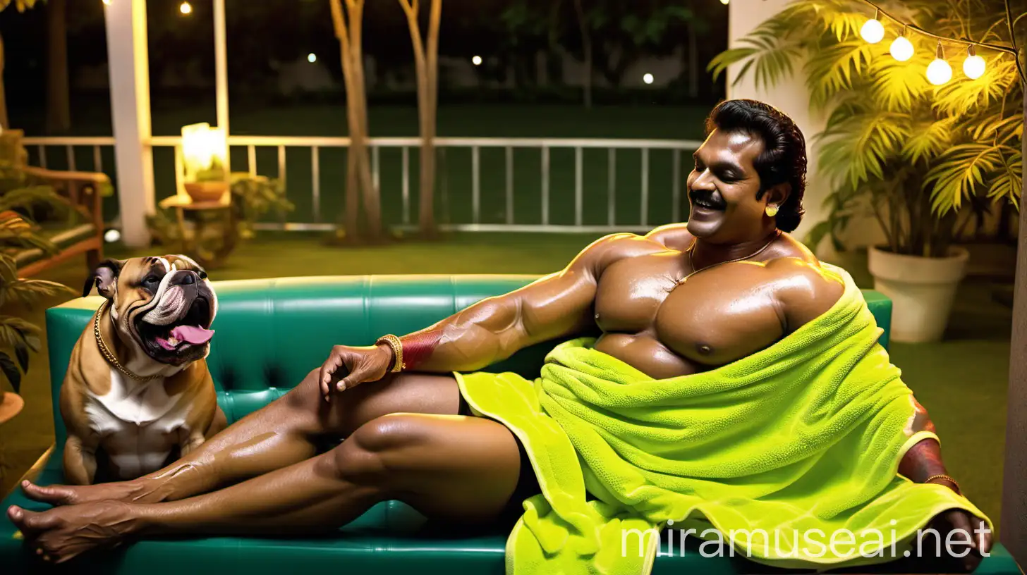at night a 23 years indian muscular bodybuilder man is sitting with a 54 years  indian beautiful mature fat 
 pregnant woman  with high volume hair and makeup wearing earrings and gold ornaments   with open hair style   . both are wearing wet neon lemon  bath towel and  they are sitting in a luxurious garden court yard on a luxurious royal colorful sofa ,and are happy and laughing . and Bulldog Dog breed is near them.  . a lot of green mangoes  are on plate on a glass table ,  and a lots of lights are there. 