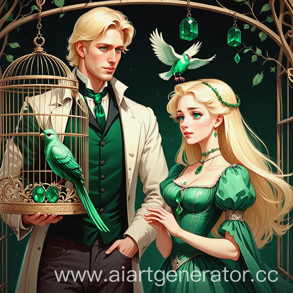 19 век, простая очень красивая девушка стоит, сзади нее красивый мужчина блондин, над ними висит клетка с волшебной птицей, которая дает изумруды
