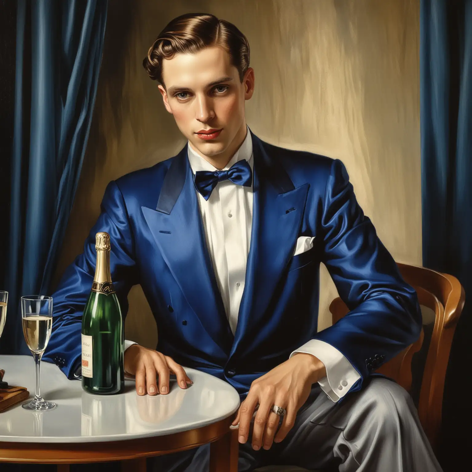 tamara de lempicka male art deco sitting at small table with champagne bottle cobalt blue tuxedo
