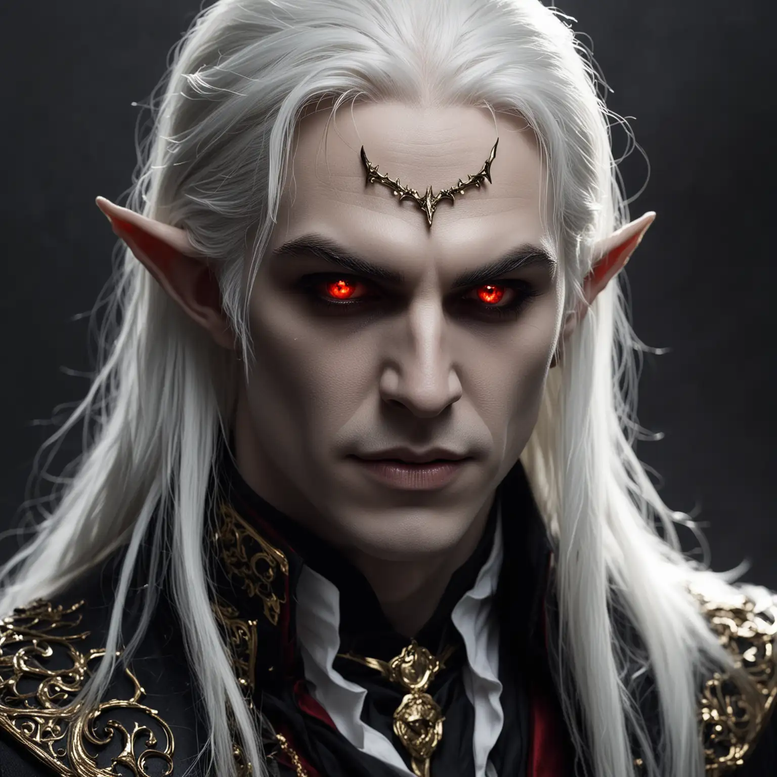 fantasy male elf, thirty five years old, onyx black skin, red on black eyes, long white hair, vampire fangs, evil, black suit with gold accents, dark, mean, hot, handsome