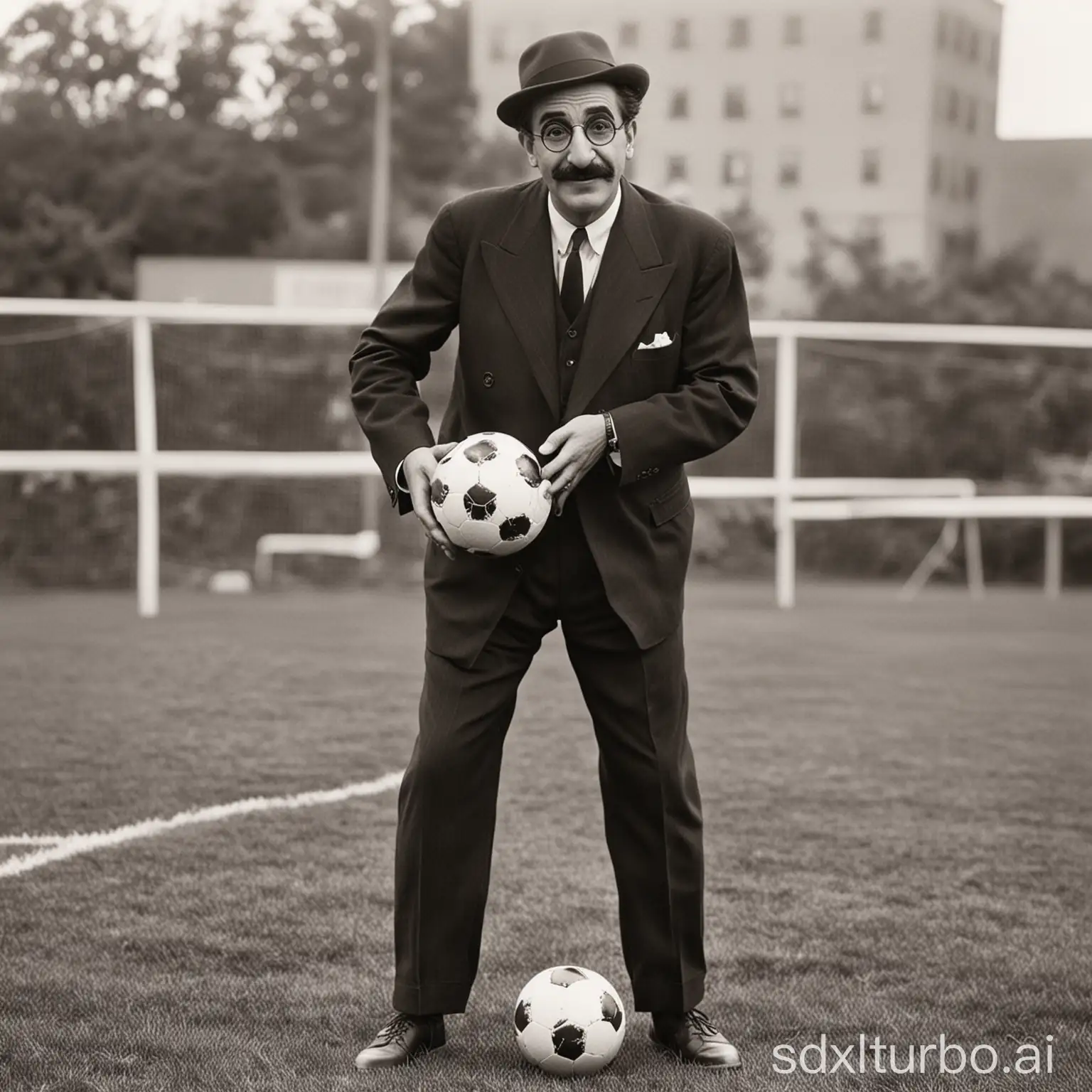 Groucho Marx with a soccer ball