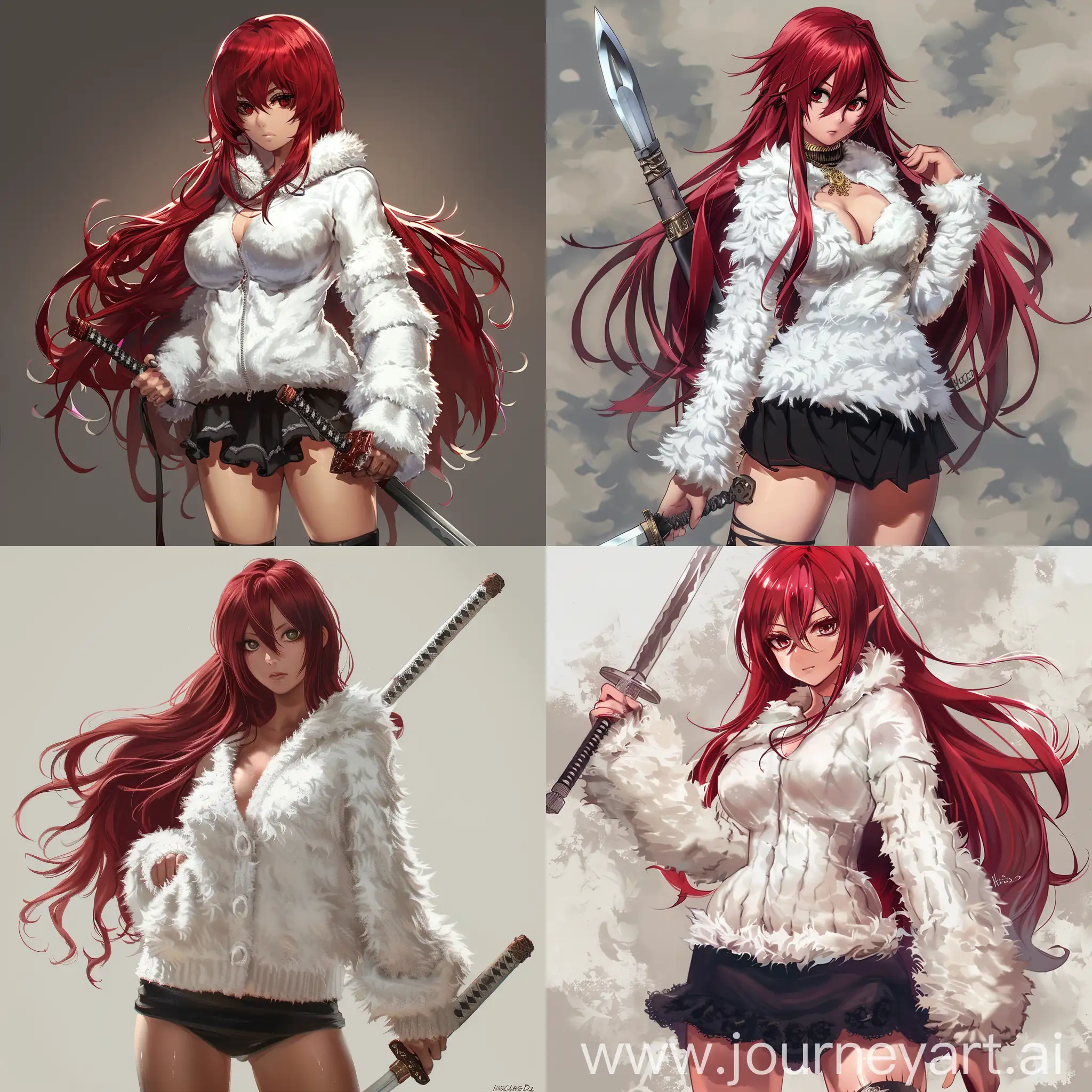 the character Iris from the anime High school DXD, a beautiful and chic with , with long luxurious red hair in a white fluffy sweater with, in a short black skirt, in her hand she has a sword, beautiful girls anime style realistic art 