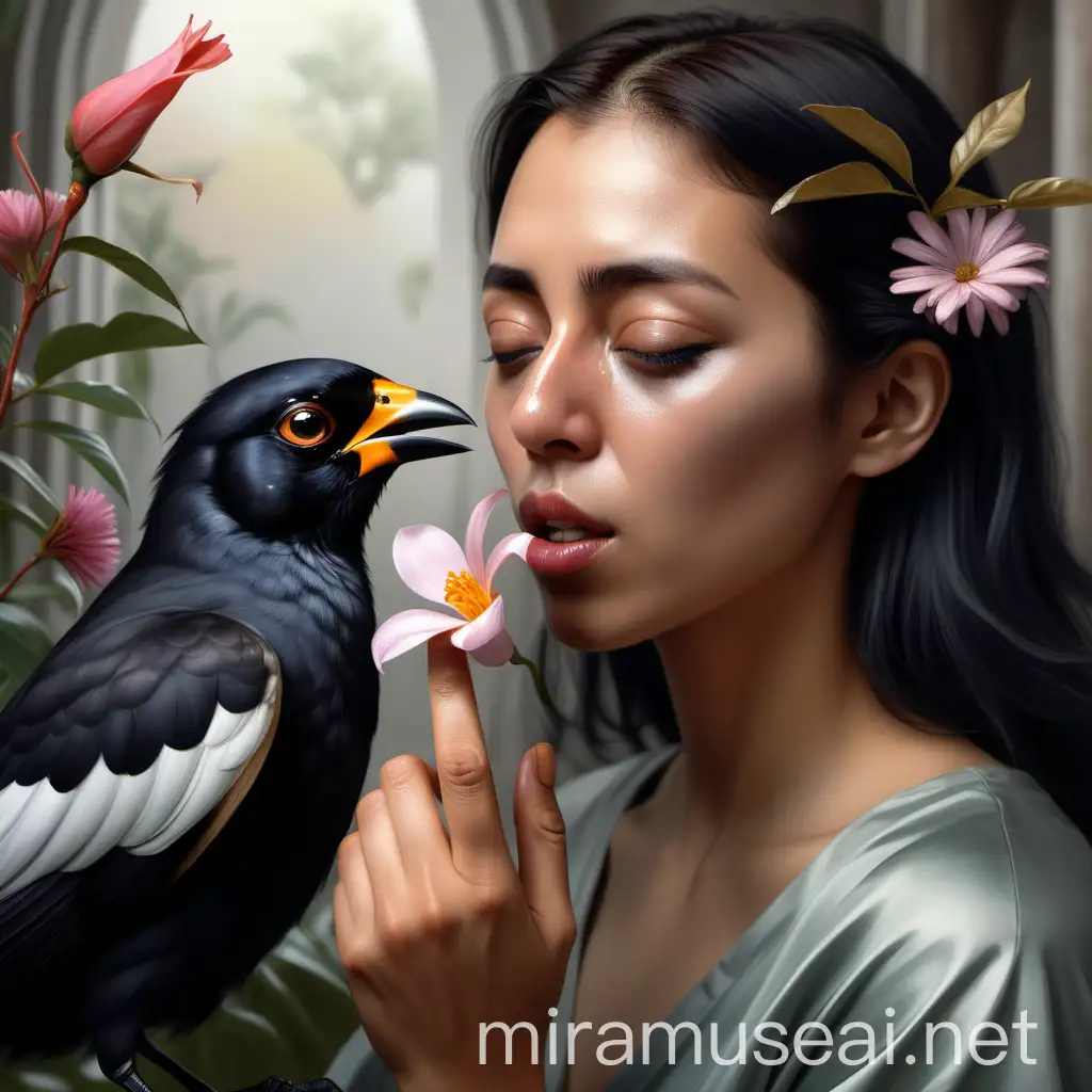 Woman Holding Eye Open with Myna Bird and Flower