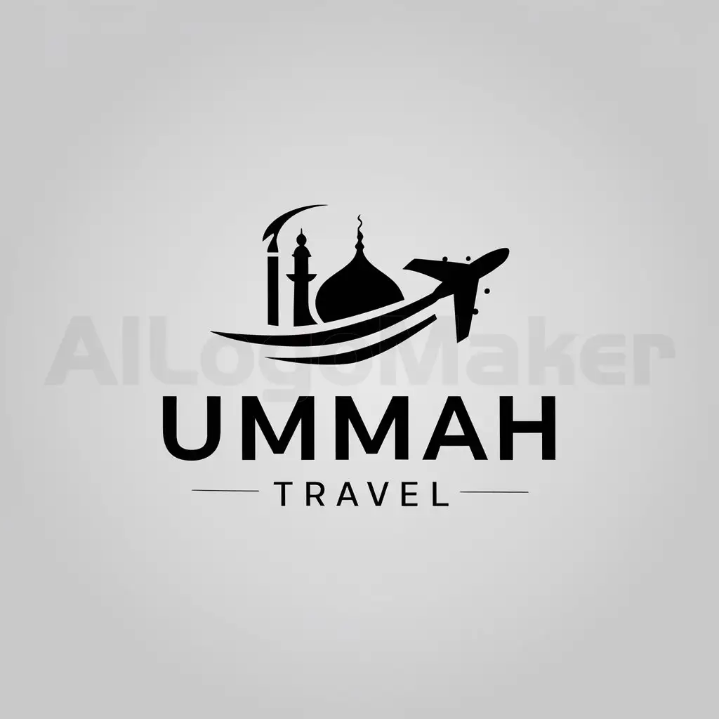 a logo design,with the text "Ummah Travel", main symbol:Makkah, Pesawat,Minimalistic,be used in Religious industry,clear background