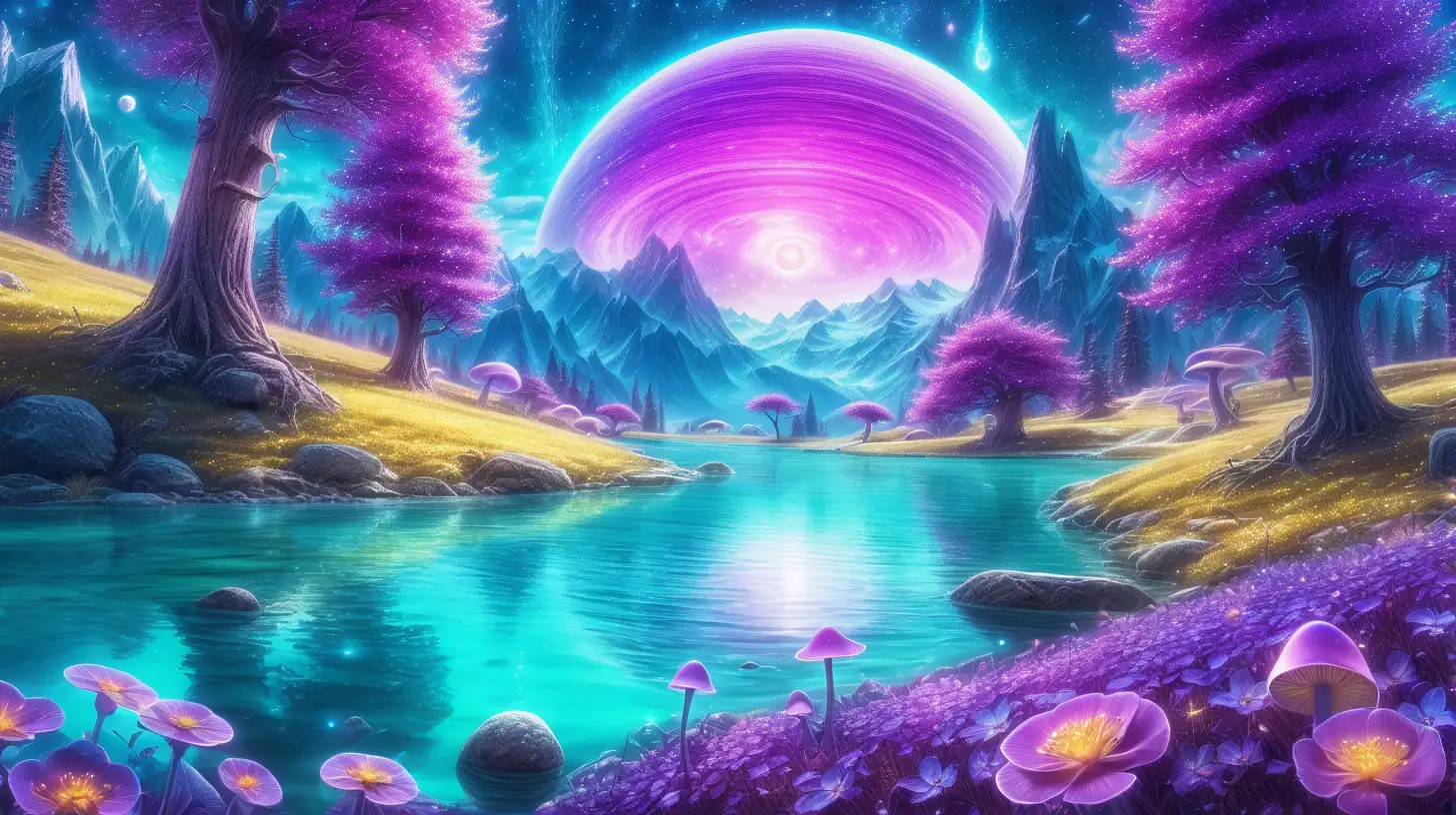 sparkling flowers and roses by a magical bright-turquoise river in the middle of the mountains. Purple. Blue. 8K. bright-yellow, #FFFF00, and purple sky with a rotating huge planet between trees. Fairytale mushroom world