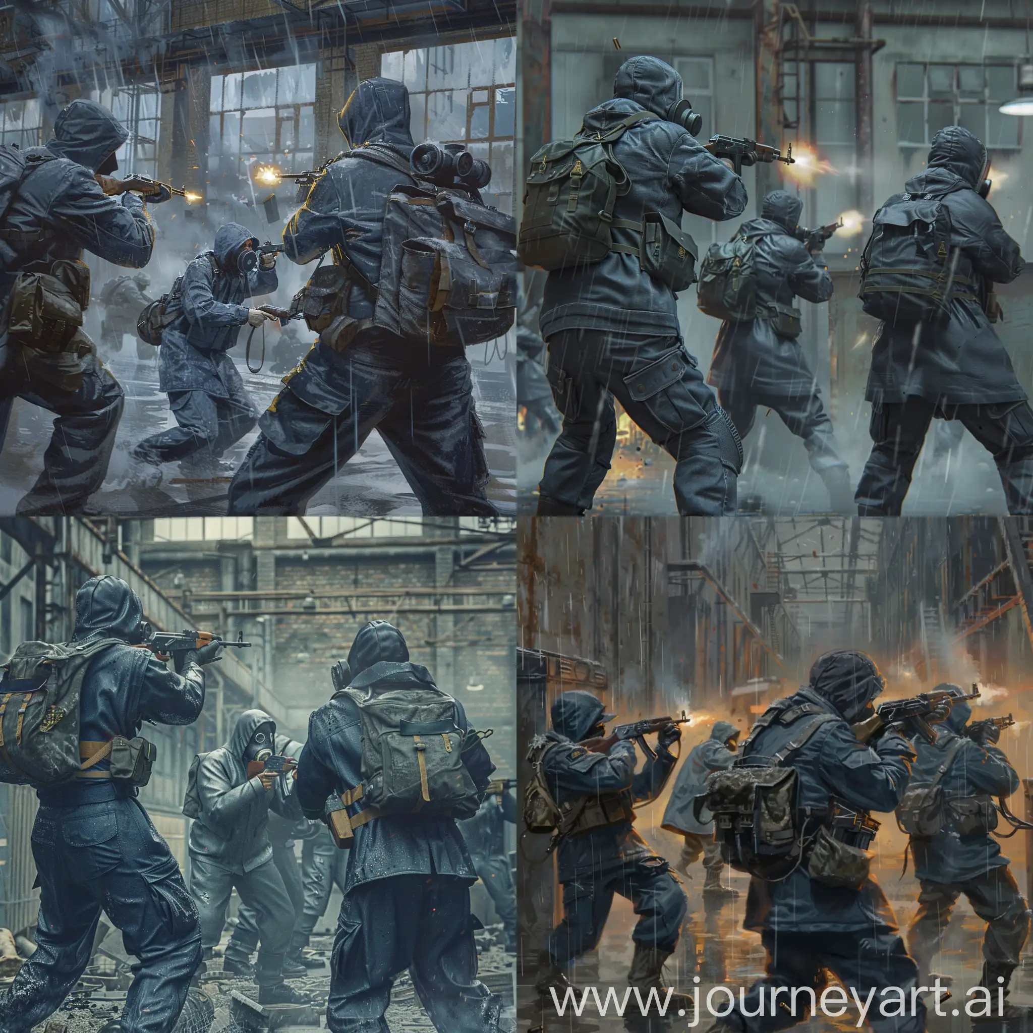 A group of 3 mercenaries dressed in dark blue overalls, gray military gear, gas masks, a small military backpack on their back, with rifles in their hands, shooting back at bandits in hiding, bandits dressed in gray raincoats and balaclavas, bandits in their hands machine guns, the action unfolds inside an abandoned Soviet factory.