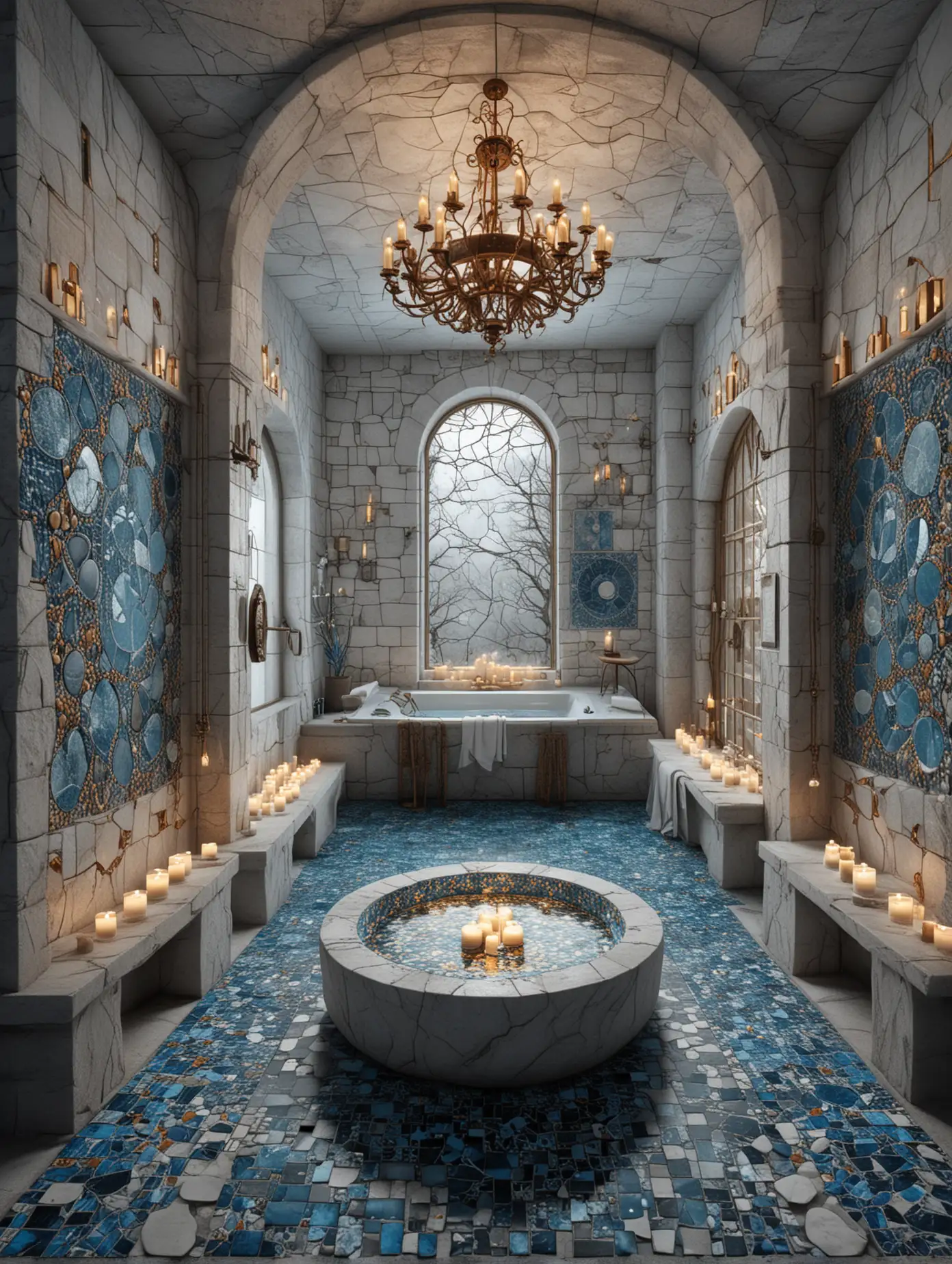 | A very detailed white stone nordic spa and laboratory  : 1.
| a very detailed bronze clock : 1.
| a mosaic floor with colorful fractal patterns : 1.
| carved walls in white stone with blue and dark with symbols in viking style  : .8
| lit candles :  1.
| clear,dark nordic atmosphere : 1.
| highly detailed,high precision,focus on textures, hyperrealistic,bright : 1.