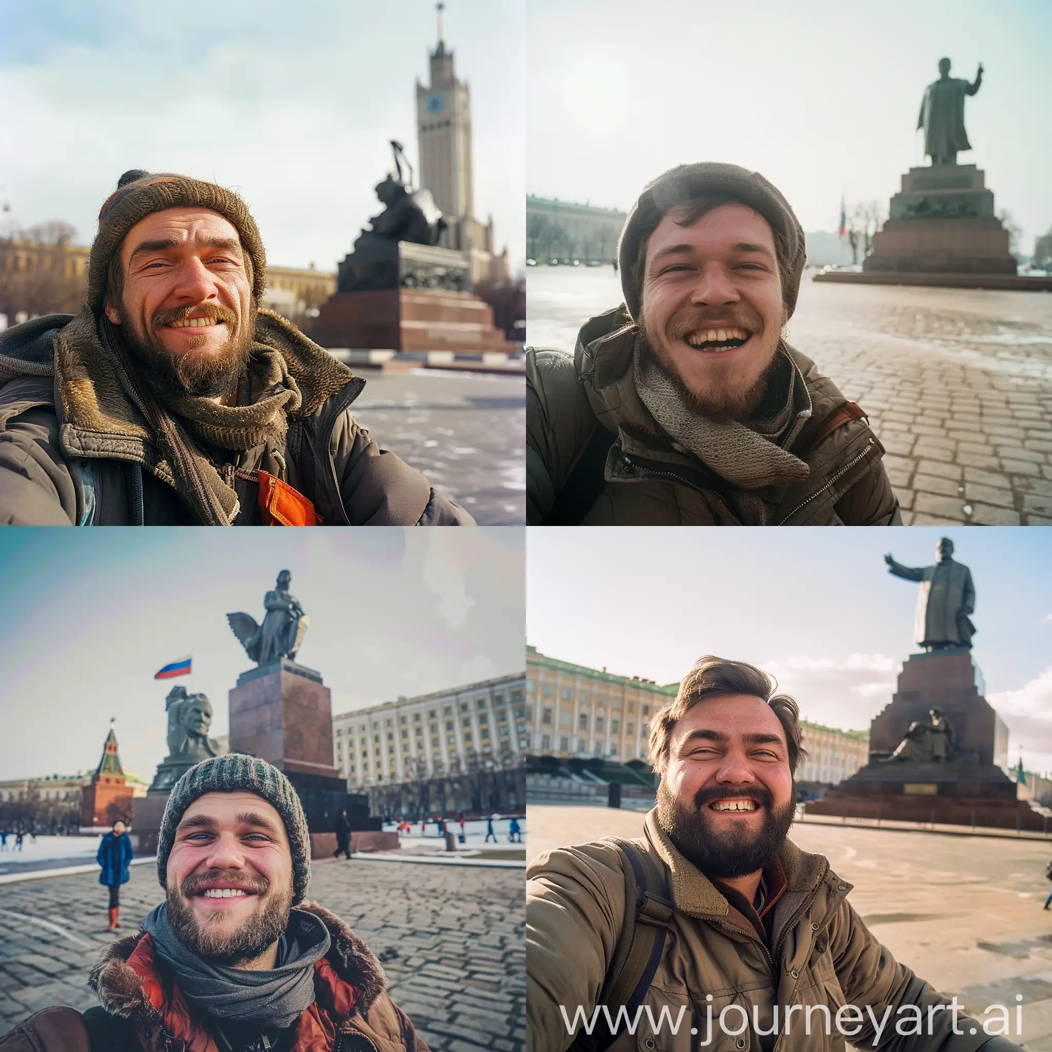 Russian drunk man, Smiling, selfie photo on the background of the Lenin monument, Russian city square, film photo