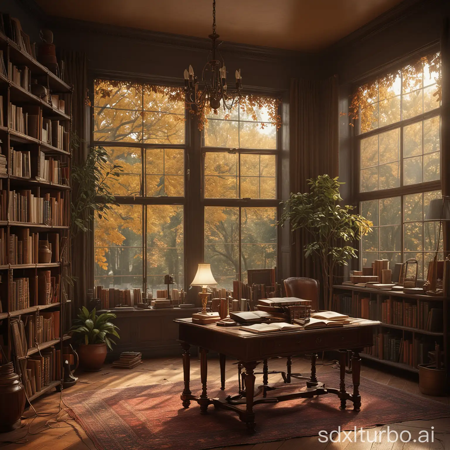 Type of Image: Photorealistic Image - Subject Description: A vintage research library with dark wooden bookshelves filled with leather-bound books, antique desks with brass lamps, a cozy fireplace, and large windows overlooking a serene garden with autumn leaves falling. - Art Styles: 1950s, Vintage - Art Inspirations: Retro Architecture, Mid-century Modern - Camera: Sony A7 III - Shot: Medium shot - Render Related Information: High resolution, detailed, warm ambient lighting Re