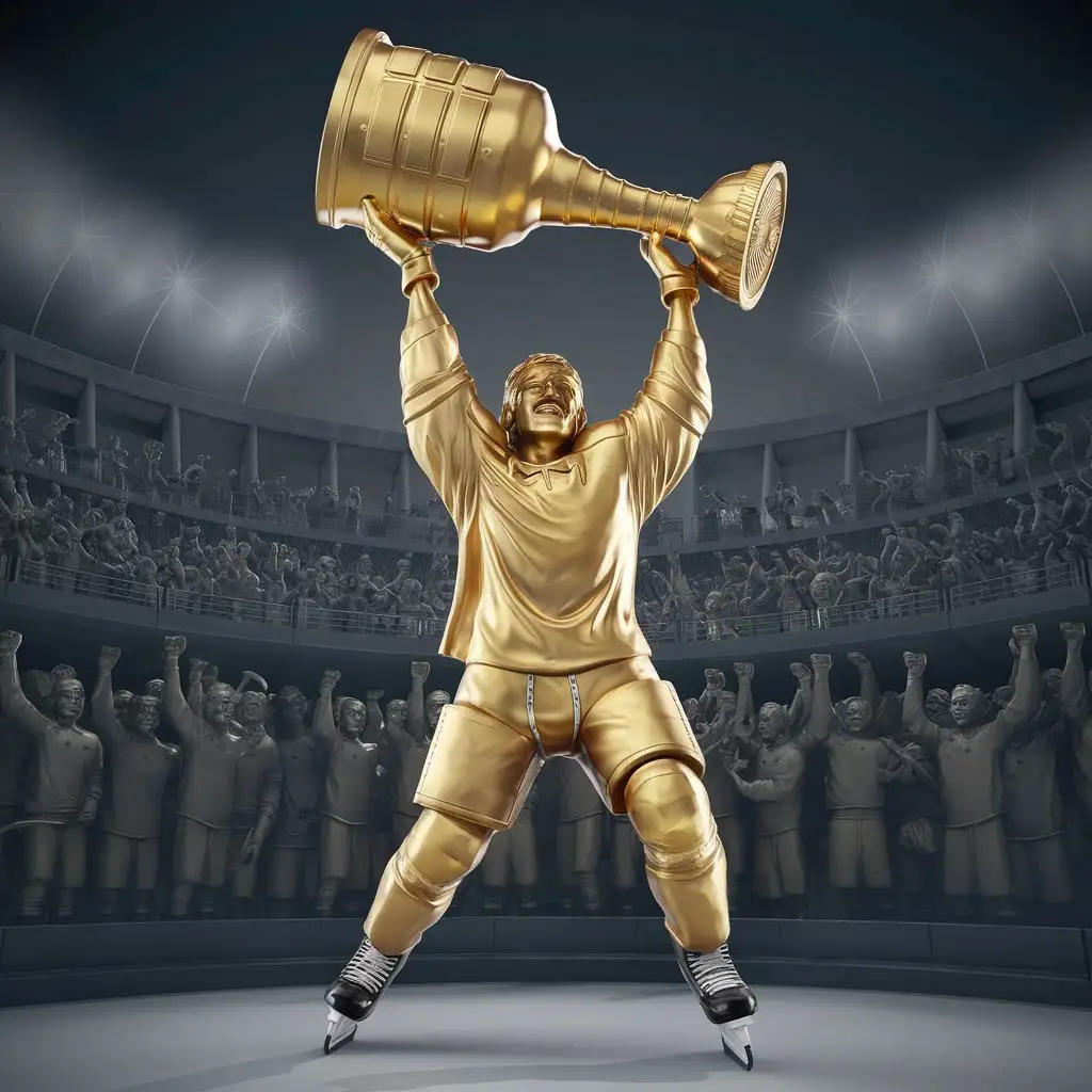 en staty i guld av en ishockyspelare i helfigur som höjer en hockypokal i segergest