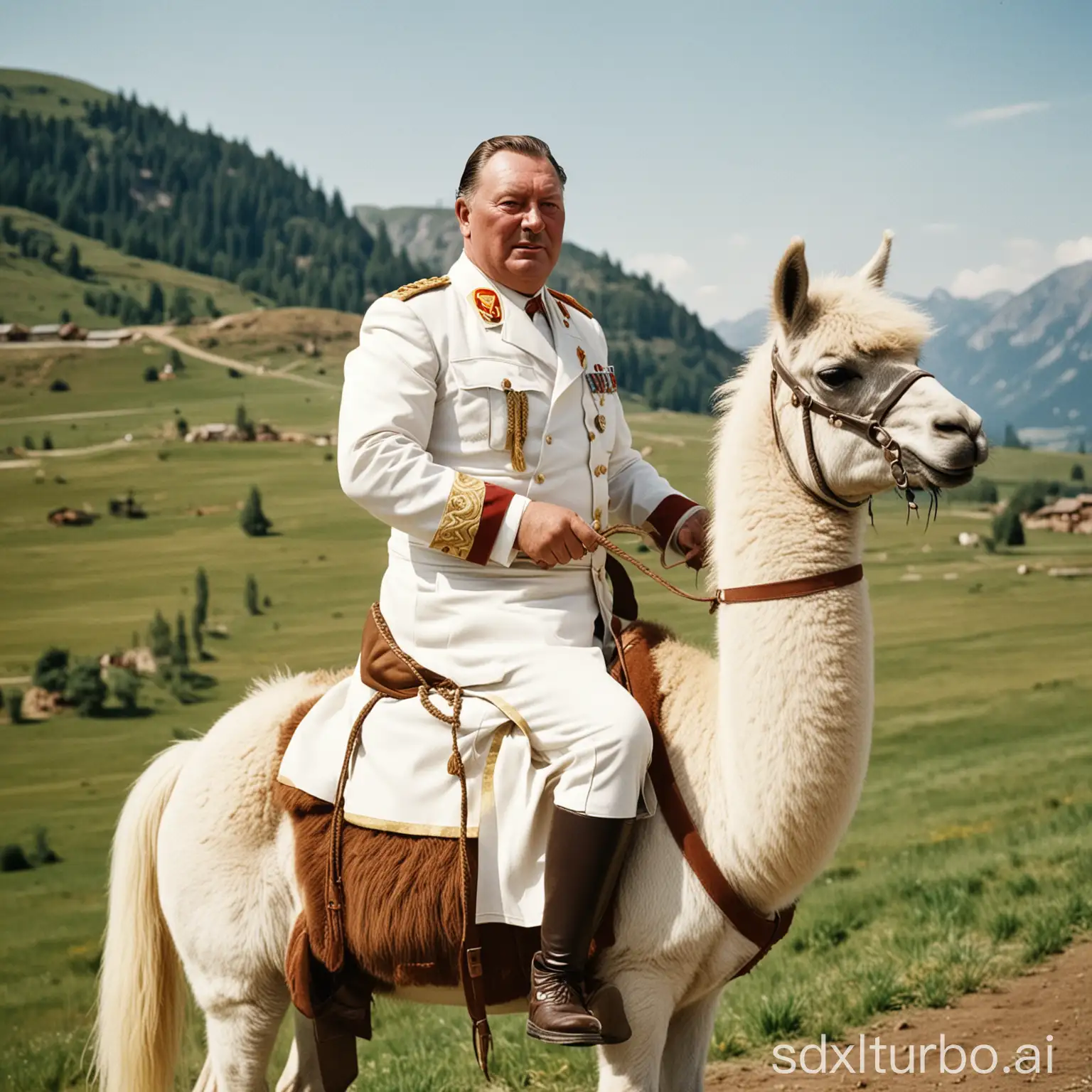 Vintage-Photo-Hermann-Gring-in-White-Uniform-Riding-Llama