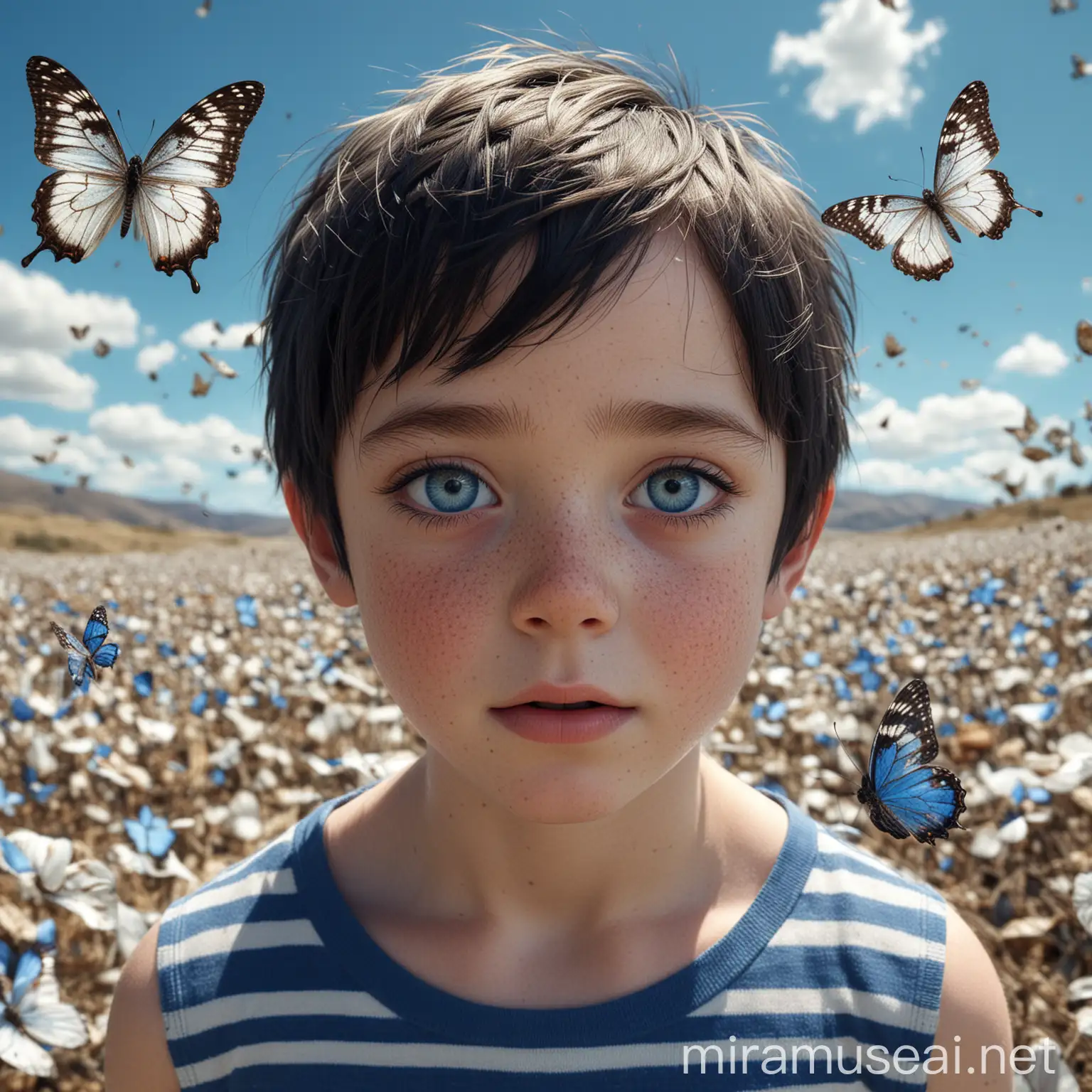 pale child, with freckles, blue eyes, short black hair, short shorts, blue and white striped shirt, above his right eye a butterfly. In the background a plain landscape, blue sky, a thousand shells flying. 3d effect textured background