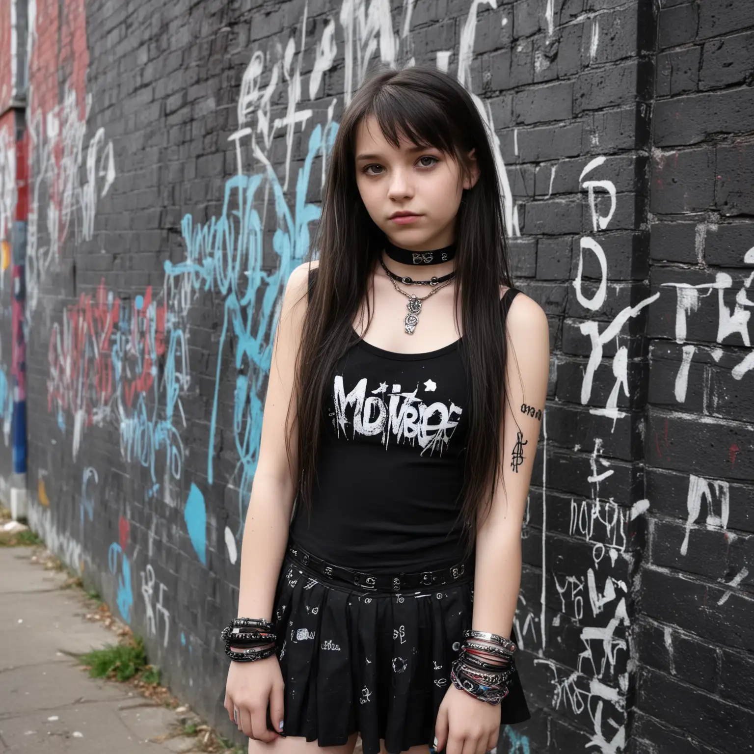 tween girl, goth outfit, street scene, graffiti, punk, long hair, choker, bracelets 