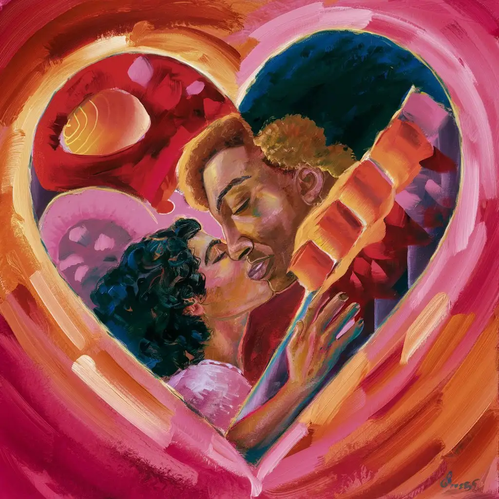 Create colorful painting that is done on canvas that is no humans just a heart with two people man and woman in love

