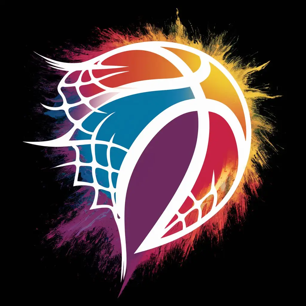 a design of the wnba insignia, featuring hues of fiery reds, electric blues, vibrant yellows, and powerful purples, in the center is a basketball going through the netting