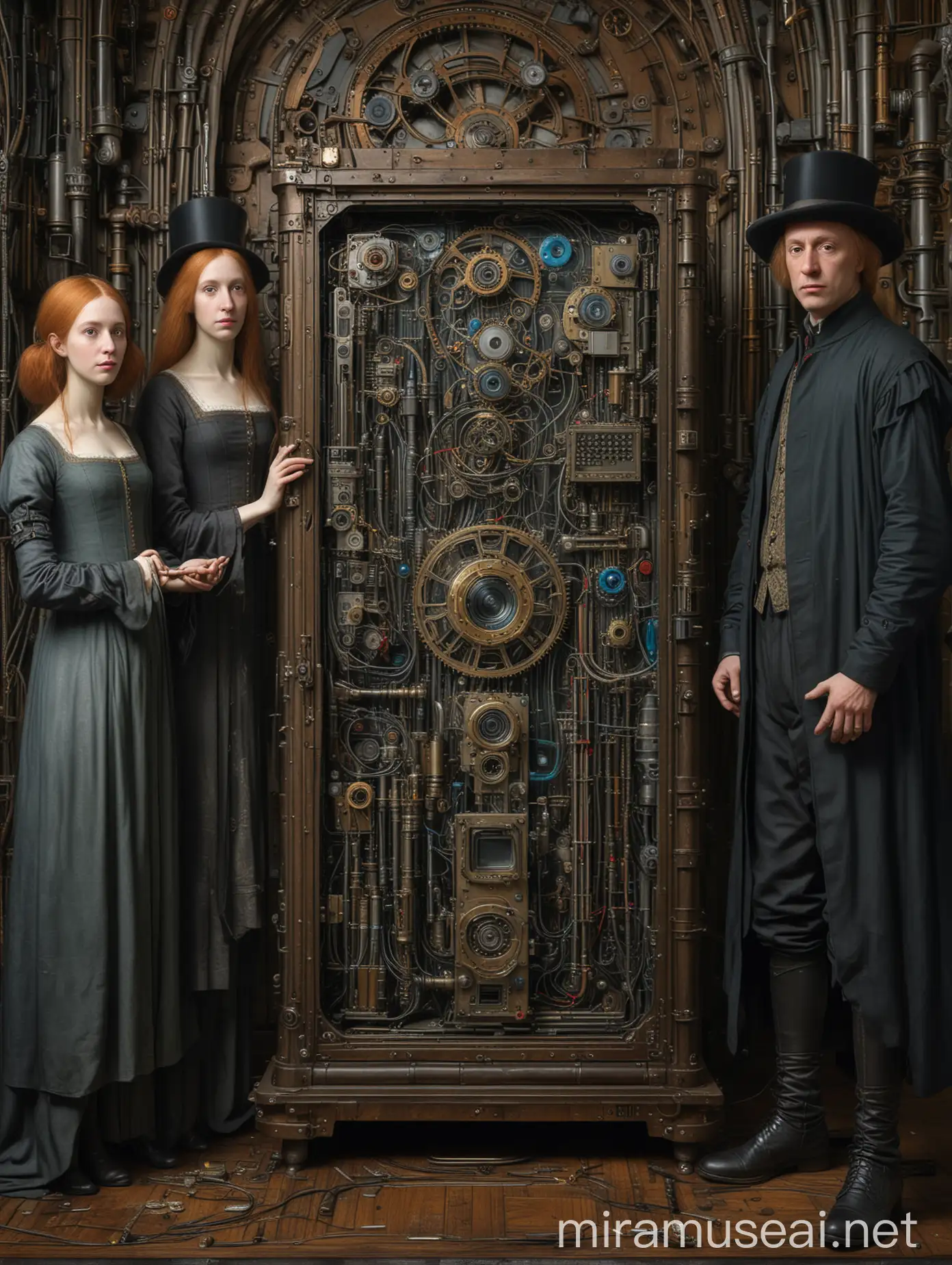 Highly detailed painting closely based on ((Arnolfini Portrait by Jan van Eyck)), behind the standing figures is a huge ((steampunk mainframe computer)), use muted colors only, high quality