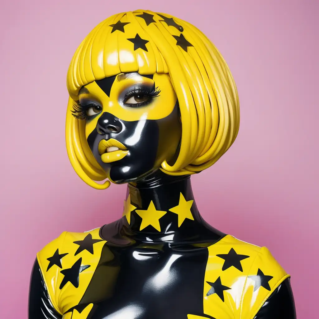 Латексная девушка с черной латексной кожей в желтом резиновом парике с желтыми звездочками на лице