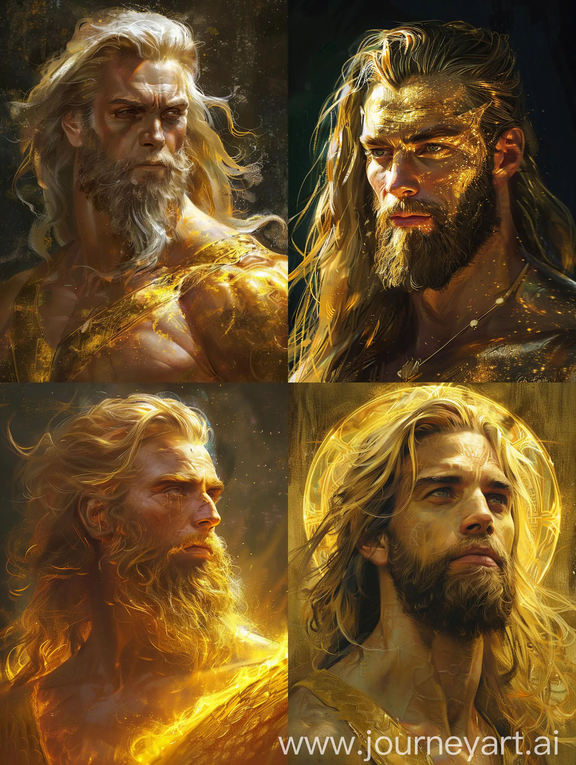 Subject: Zeus prime. The Zeus that all other Zeus across the multiverse originated from. He looks more primordial force of nature and divine will than a hod. Golden skin, long glossy hair, short beard, beautiful. 

Style:  extremely realistic painted realism, detailed digital painting concept art, detailed paiting by gaston bussiere, craig mullins A mystical, dreamlike portrait in a cinematic style, Ed Emsh, Virgil Finlay, Norman Saunders, Hubert Rogers, Earle Bergey, - seed 1234 --style raw --s 100
