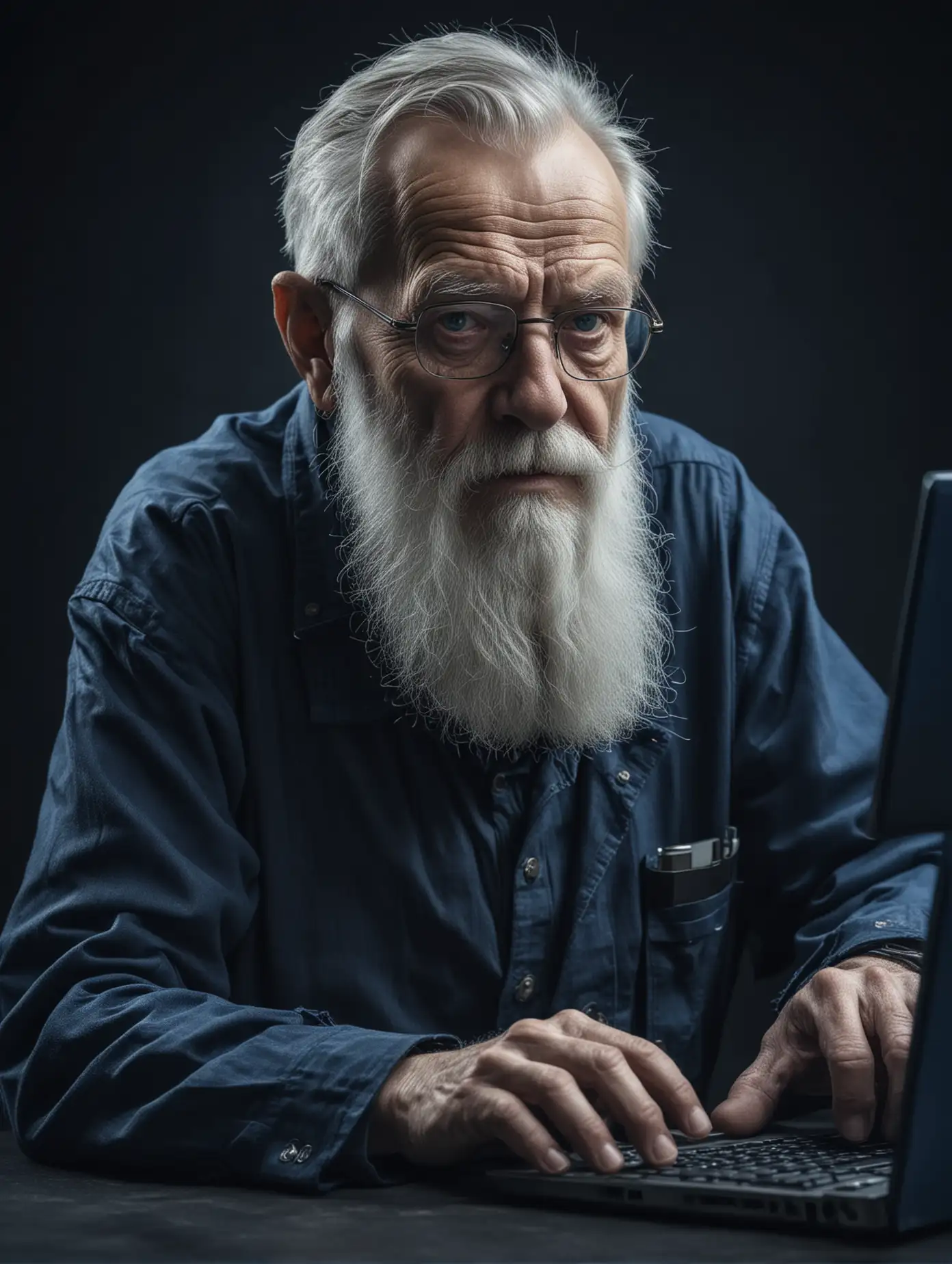 Professional Old Man Programming Computer Vision in Dark Blue Setting