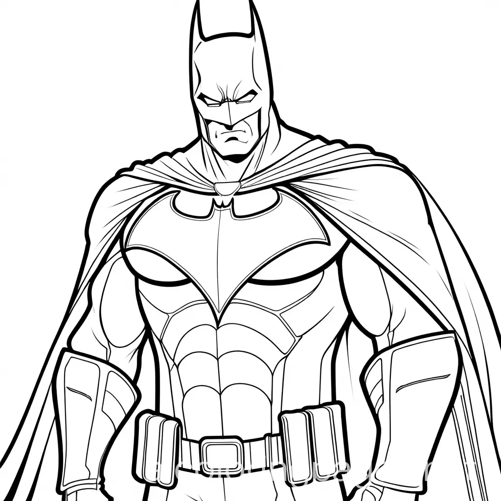 Batman,line art, Coloring Page, black and white, line art, white background, Simplicity, Ample White Space. The background of the coloring page is plain white to make it easy for young children to color within the lines. The outlines of all the subjects are easy to distinguish, making it simple for kids to color without too much difficulty