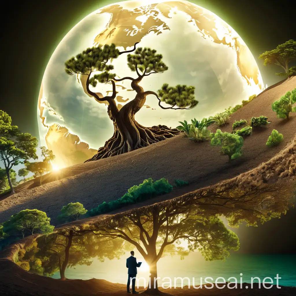 Please make me a hyperreal picture with the title of a big globe on the page and a hand is planting a tree on the globe. Please design the picture in such a way that it conveys the meaning of this picture to the audience.سبز مرموز: #3CB371
آبی اقیانوسی: #007FFF
زرد طبیعی: #D4AC0D
قهوه‌ای خاکی: #8B4513
سبز جنگلی: #228B22
