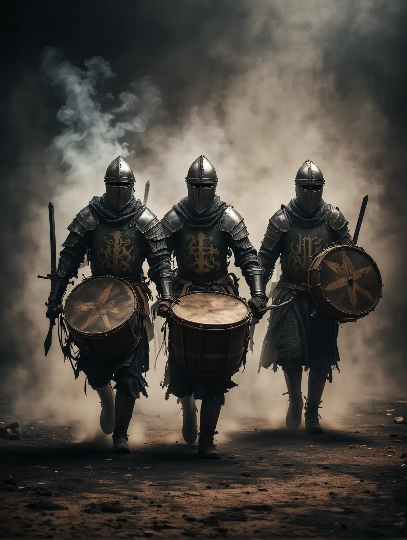 medieval knights marching into battle, two beating drums, two with swords drawn against a dark smoky background, menacing