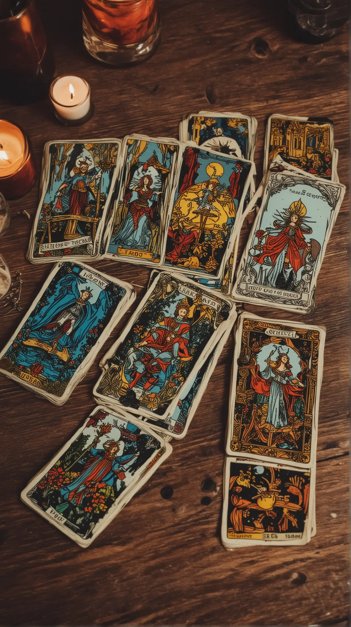 Tarot Deck on Table Mystical Cards Spread Across Wooden Surface