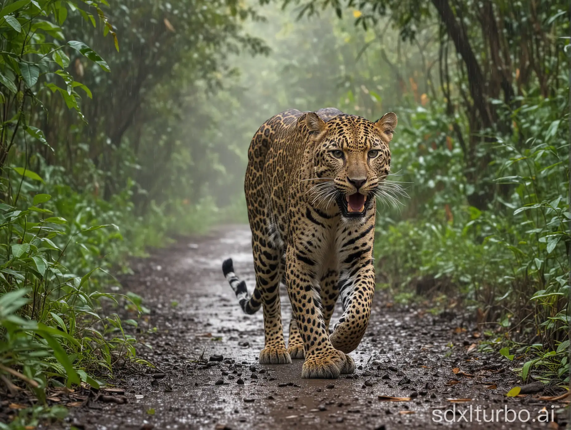 Aggressive-Indian-Leopard-Roaring-on-Jungle-Path