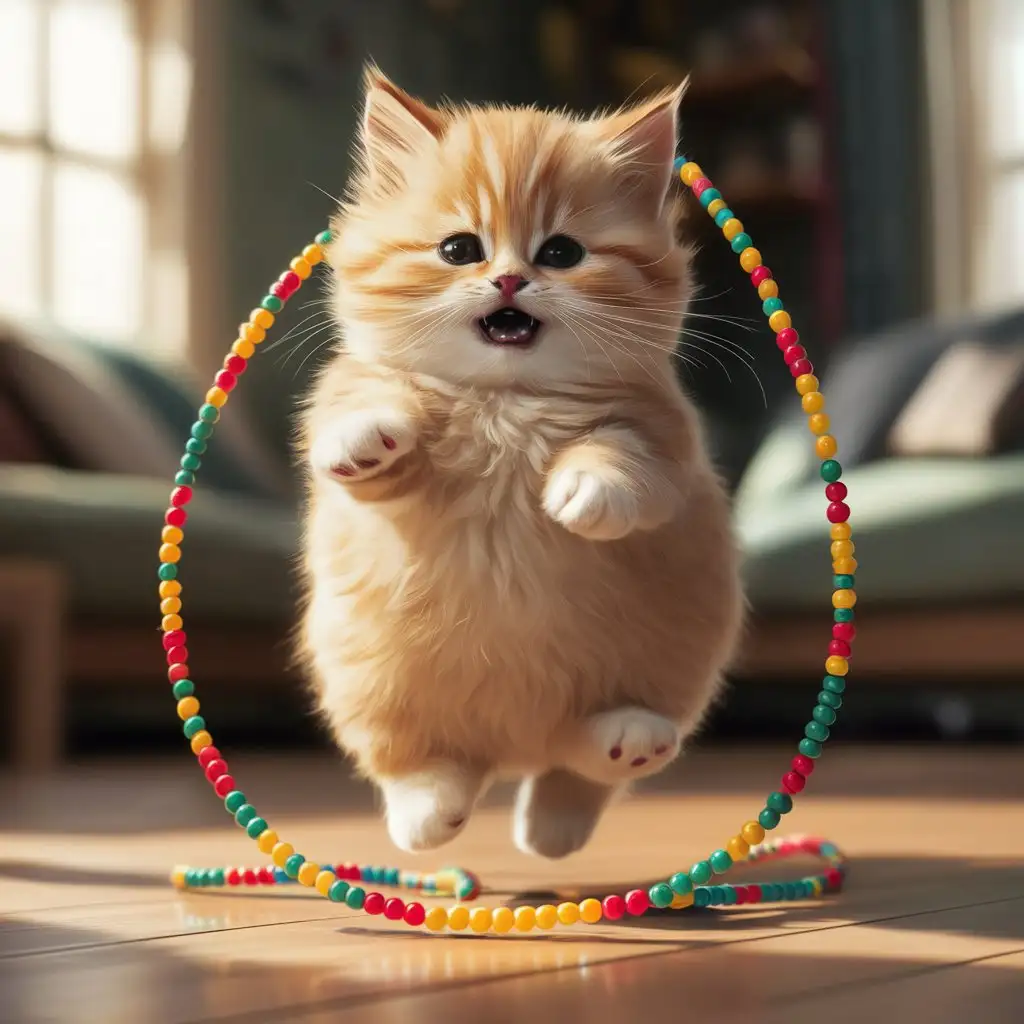 a fatty golden kitten is doing jump rope