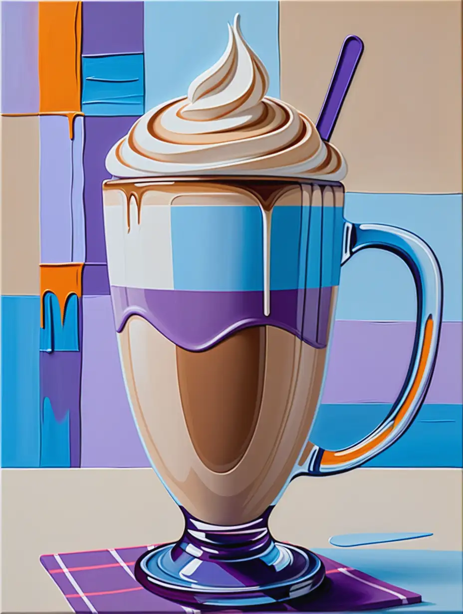 3D Painting art. Acryl on canvas. Slight relief. Bold brushstrokes. Artistic. Fanciful. Vivid. Imaginative. Saturated vibrant colors. Summer season. A beautiful creamy cappuccino in a long glas in front of plaid beige lightblue lightpurple background. Lively style.
