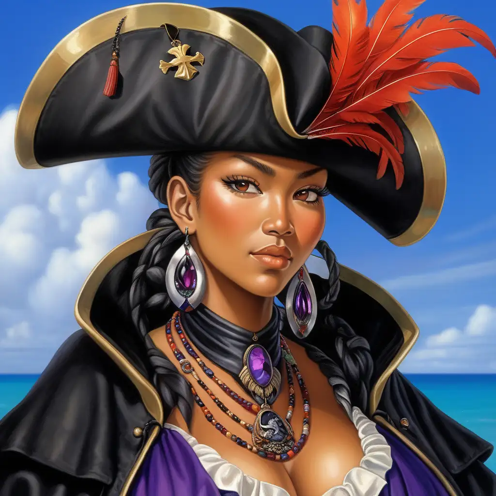 An sassy Woman,  very tall woman with dark skin she has a massive build, a black captain’s coat with red linings along with a cloak made of orange feathers.a bigger tricorne with her Jolly Roger in front and two white feathers with red tips and a purple flower on the side.

, Twisted Bun hairstyle
Axinite Jewelry,  Necklace, Rings and earrings.Other Pacific Islander woman painterly smooth, extremely sharp detail, finely tuned, 8 k, ultra sharp focus, illustration, illustration, art by Ayami Kojima Beautiful Thick Sexy Other Pacific Islander women 