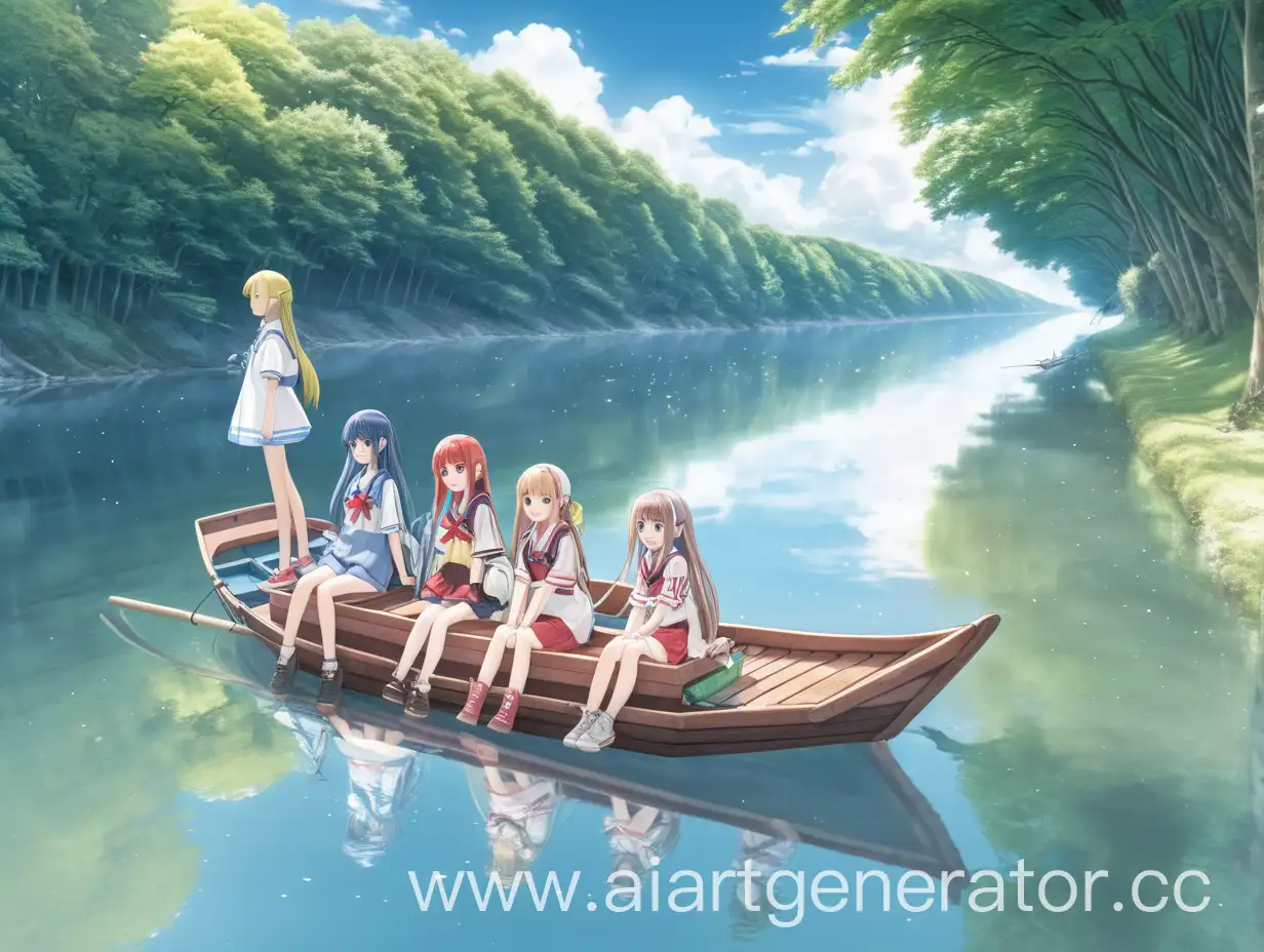 аниме девочки на лодке плывут по реке вид сбоку