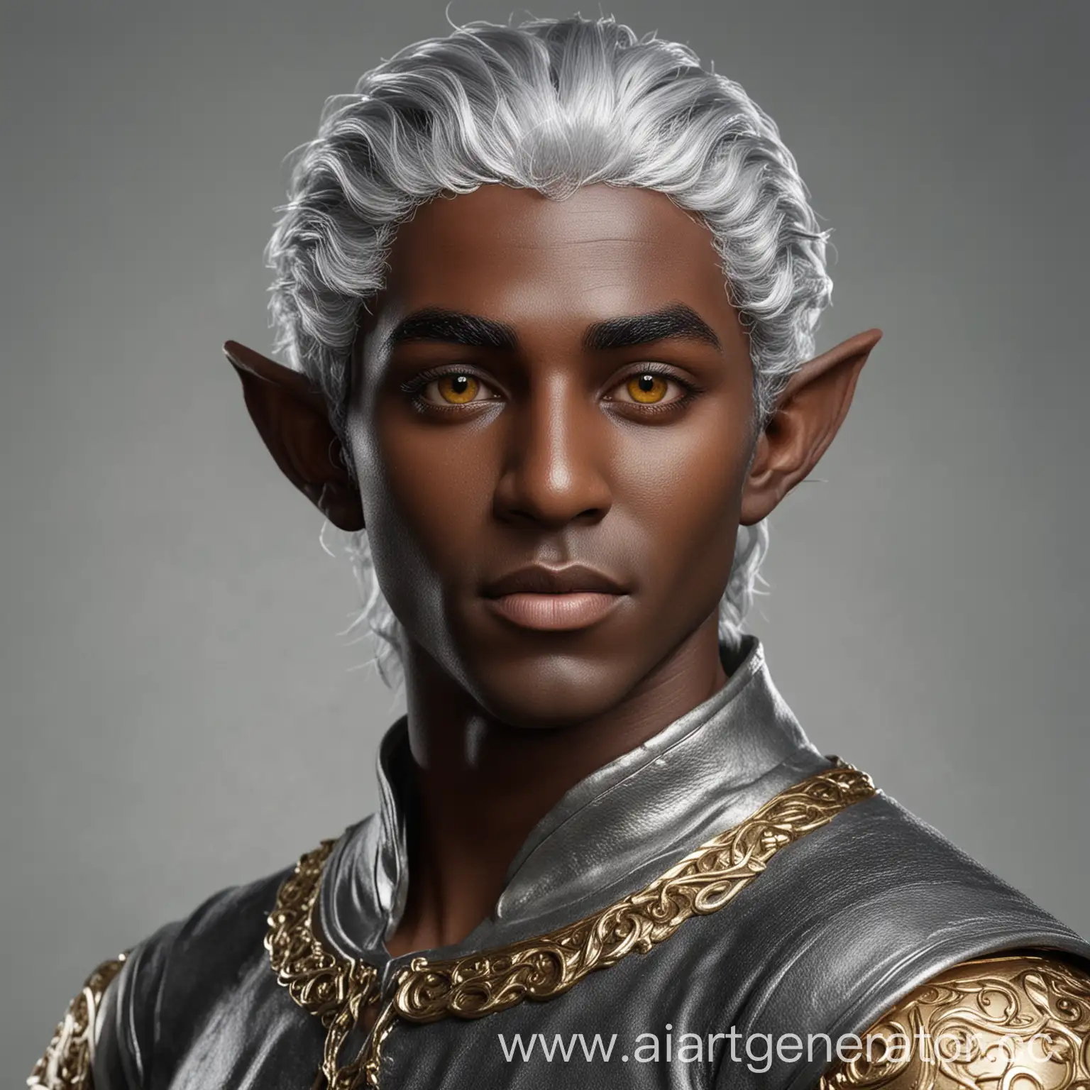 эльф мужчина с черной кожей , серебренно-седыми волосами и золотыми глазами