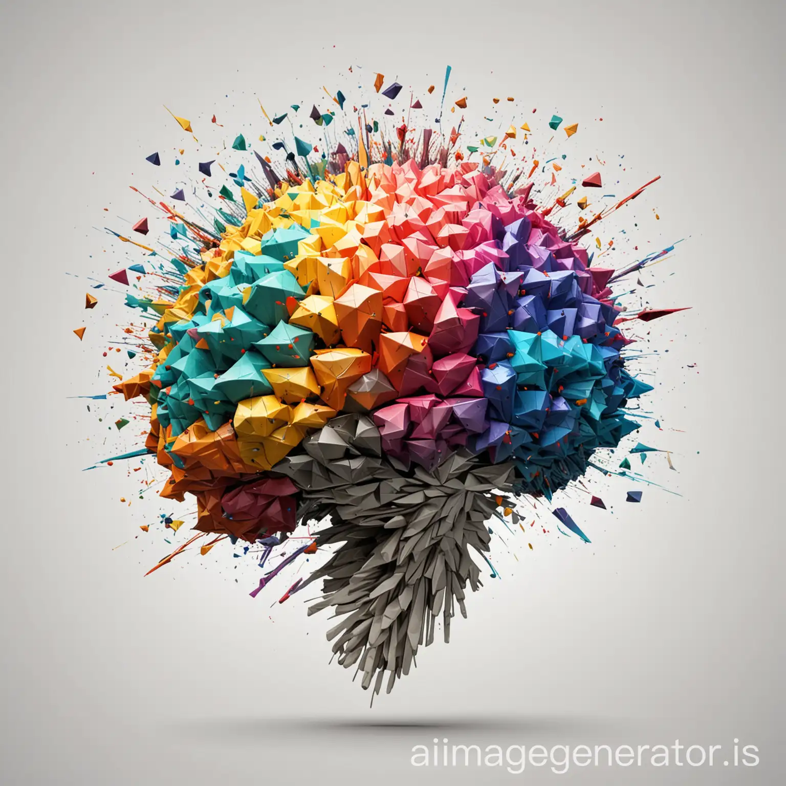 side view of multi-coloured explosion Brain made by triangles flying out white background close up