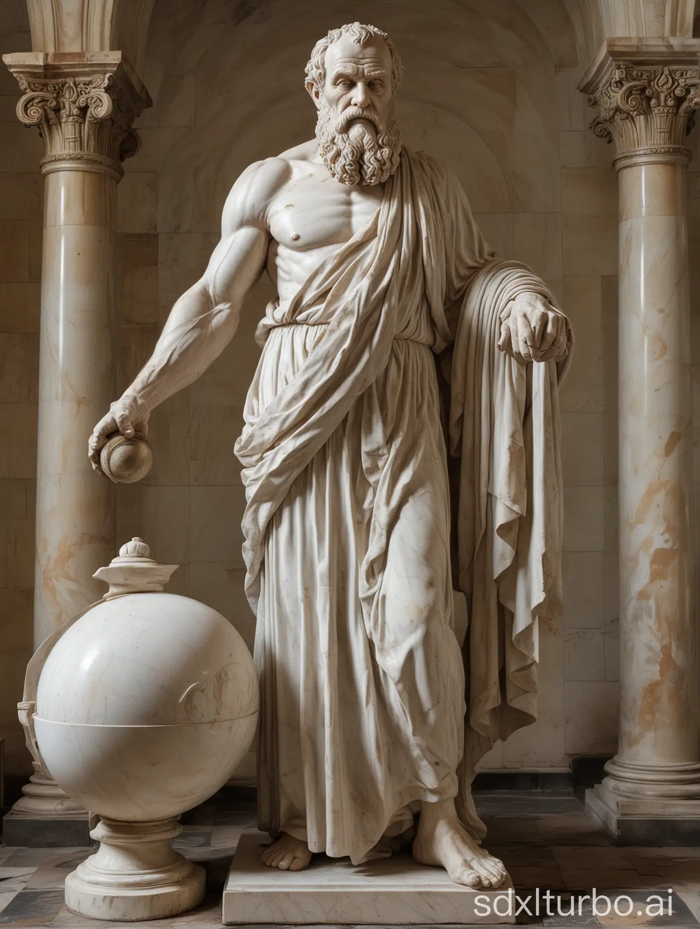 Marble-Statue-of-Bearded-Old-Man-Holding-Sphere-in-Chapel