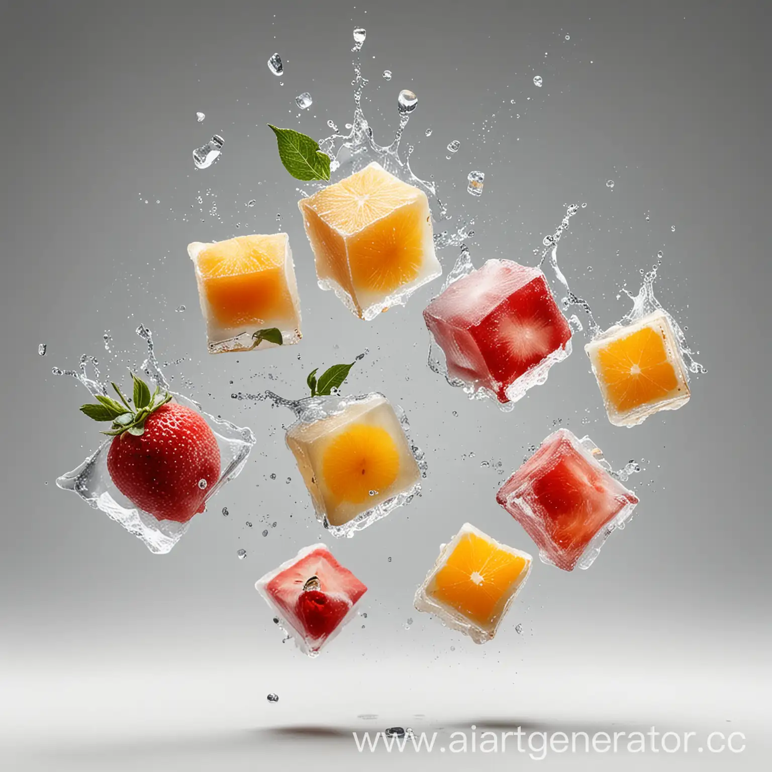 flying ice cubes and fruit on white background