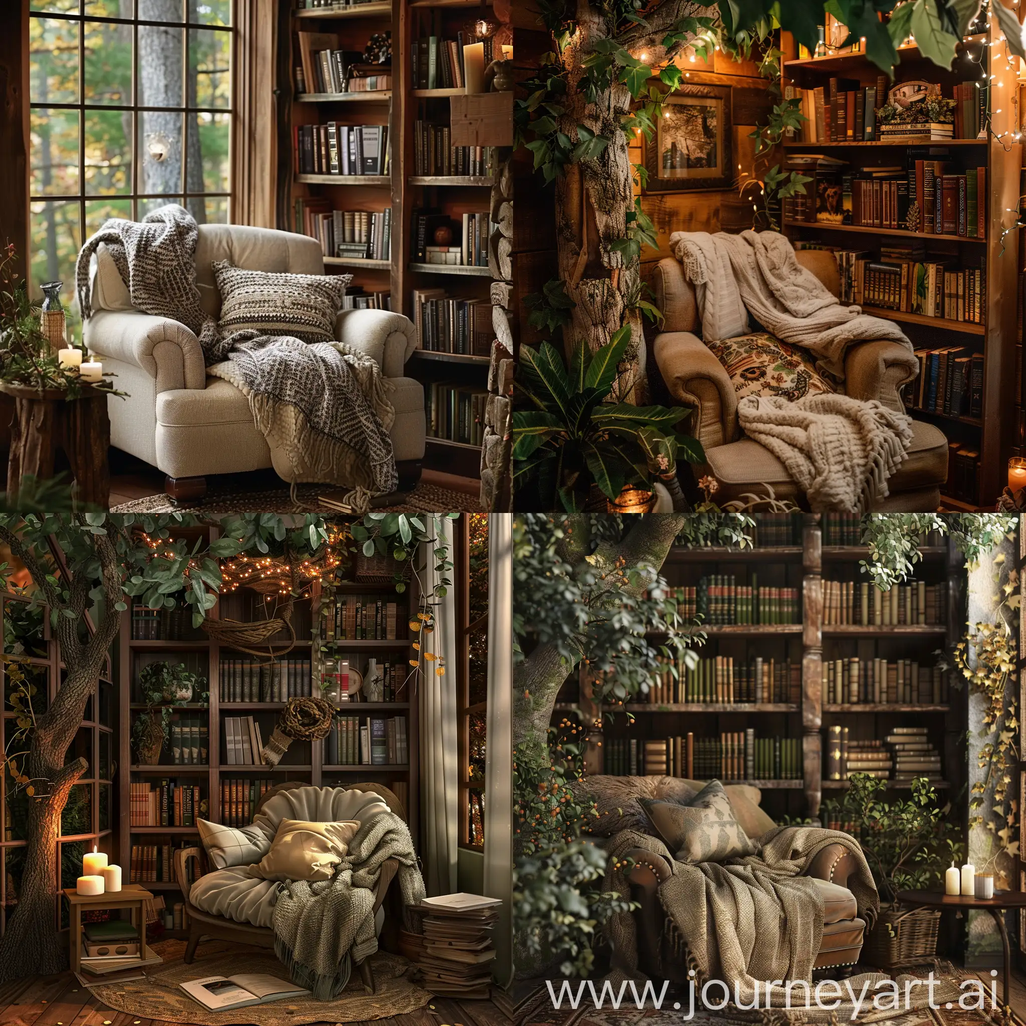 "Imagine you're on a mid-journey through a forest-themed haven. In a cozy corner of this sanctuary, there's a comfortable chair beckoning with its plush cushions and a soft throw blanket inviting you to curl up and unwind. Beside you stands a sturdy wooden bookshelf, its shelves filled with an array of nature books—volumes on wildlife, flora, and the secrets of the wilderness. As you settle in, surrounded by the quiet rustle of leaves and the gentle flicker of a nearby candle, let your imagination wander through the pages, immersing yourself in the tranquil retreat of this forest-inspired nook."



