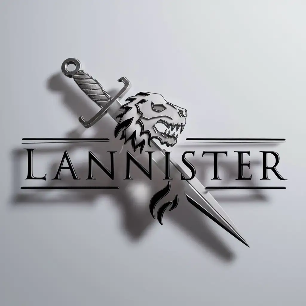 a logo design,with the text "Lannister", main symbol:Череп льва а за спиной кинжал,Minimalistic,clear background