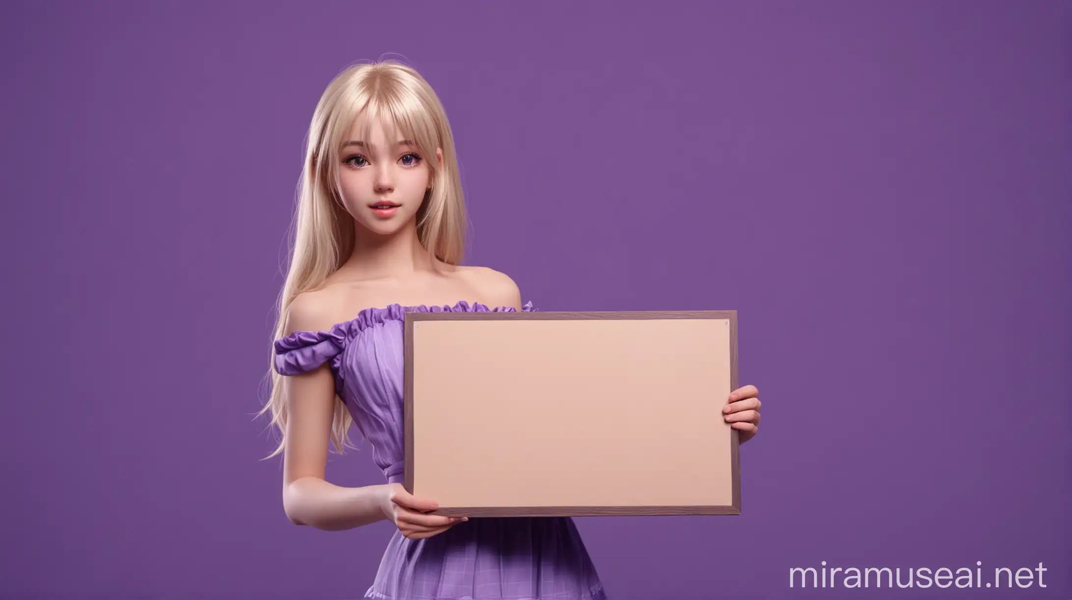 Красивая девушка блондинка стоит на фиолетовом фоне и держит перед грудью пустую табличку, милая, аниме, 4к, 8к