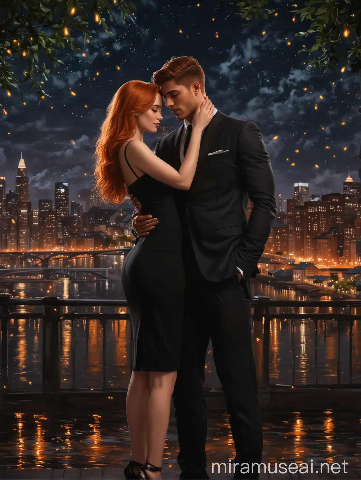 A beautiful lady with ginger color hair, putting on a beautiful fitted black dress and held romantically by a handsome young muscular man in suit having black hair, with a beautiful luminous glowing city behind them at night, and fireflies hovering around