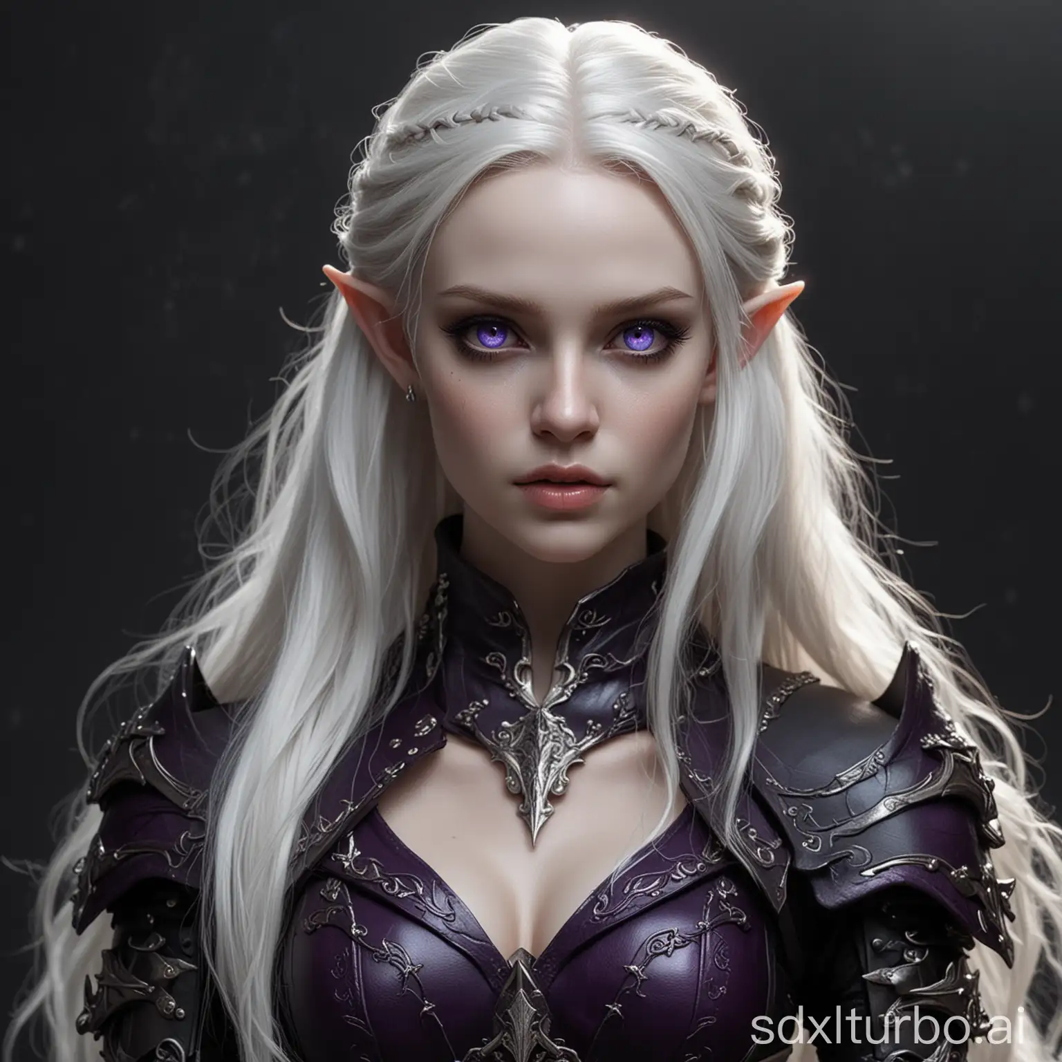 An attractive pale albino skinned female elf with white long hair and purple eyes in night black leather armor, she has a dark eternal sly charisma