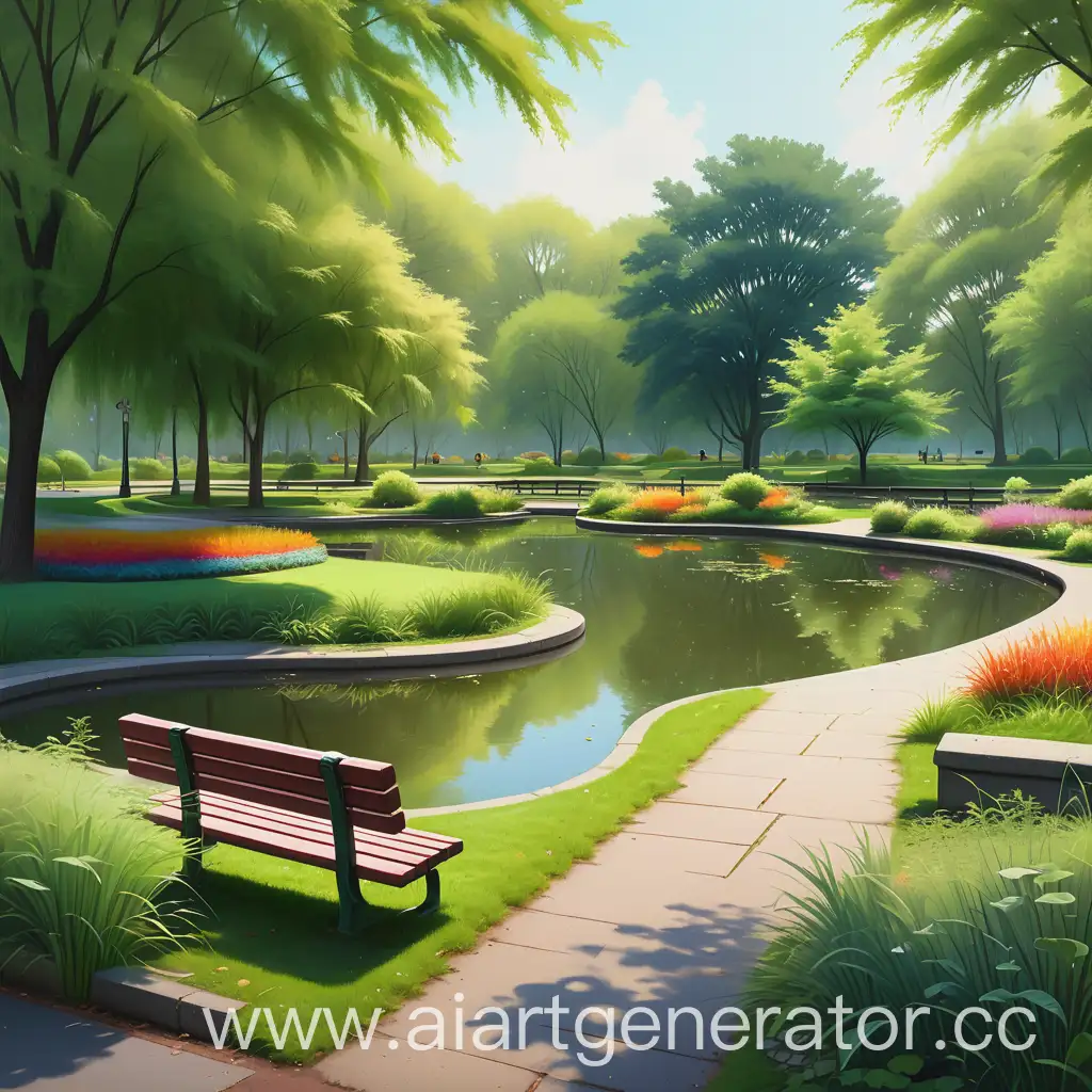 Park with walking paths, benches, ponds, and some litter and overgrown areas, dull colors, colorful, natural lighting, serene atmosphere, realistic, detailed, landscape painting, traditional art style, vibrant, picturesque, no black and white, lush green