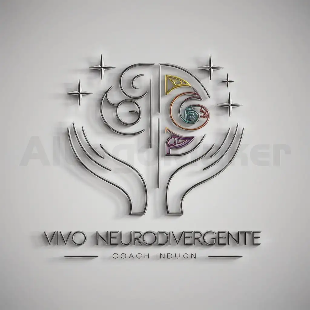 a logo design,with the text "Vivo Neurodivergente", main symbol:un cerebro neurodivergente, manos, estrellas, elegante, moderno,complex,be used in coach industry,clear background