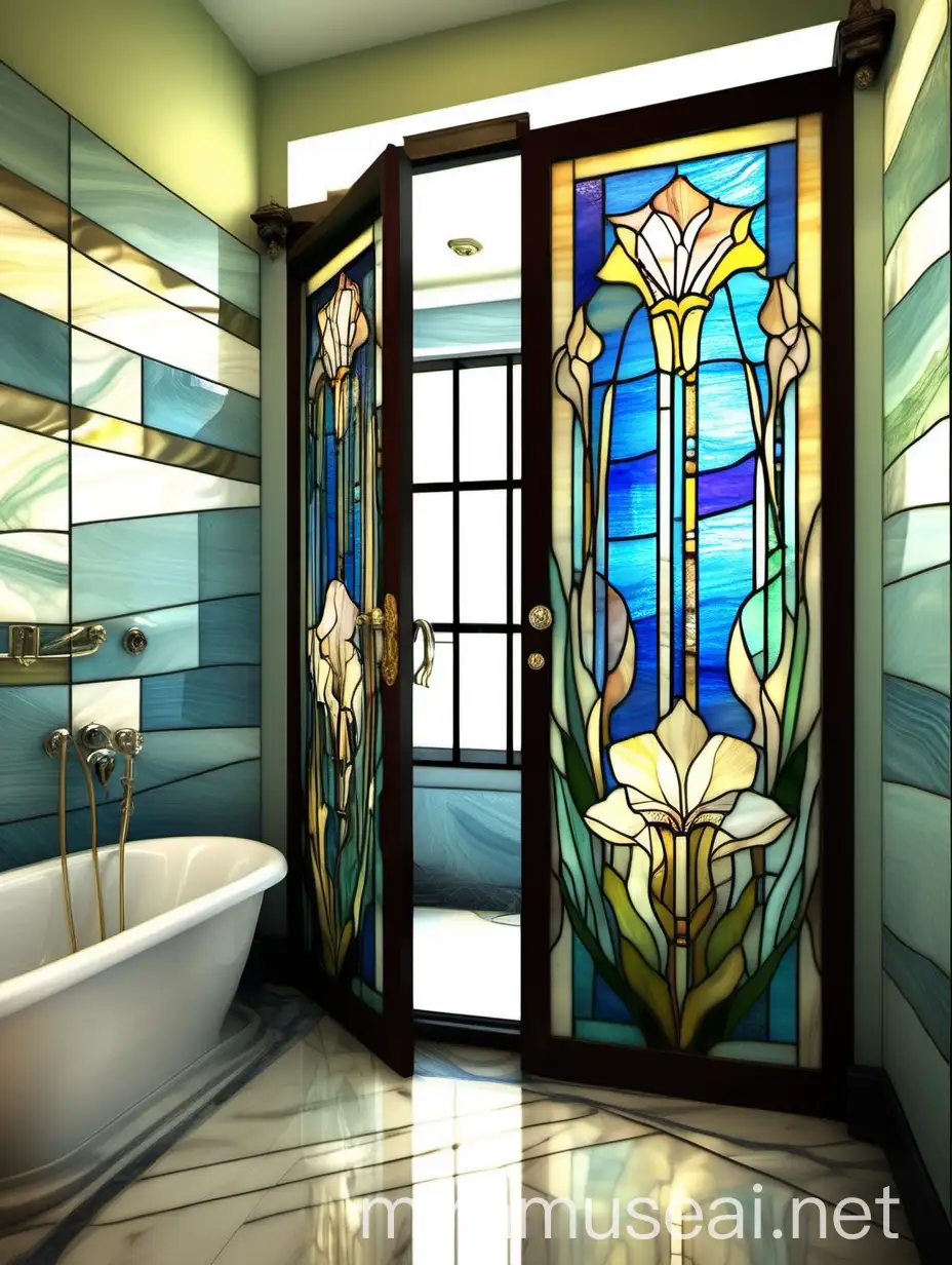 витражная дверь в ванной комнате "абстрактные линии, цветы колокольчики и наперстянка " в стиле ар деко из цветного стекла тиффани