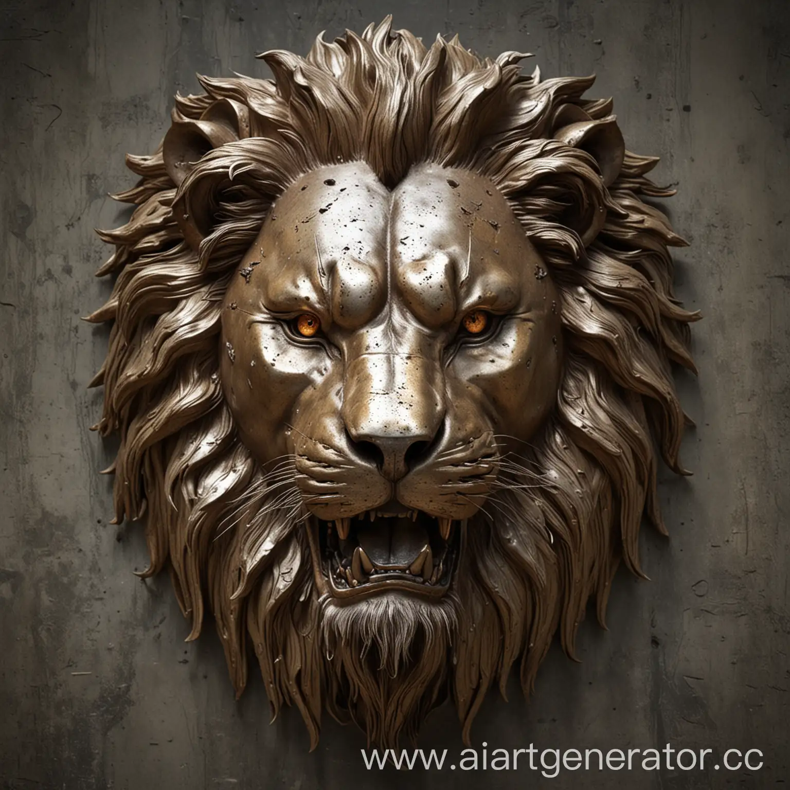 The lion's face is made of metal