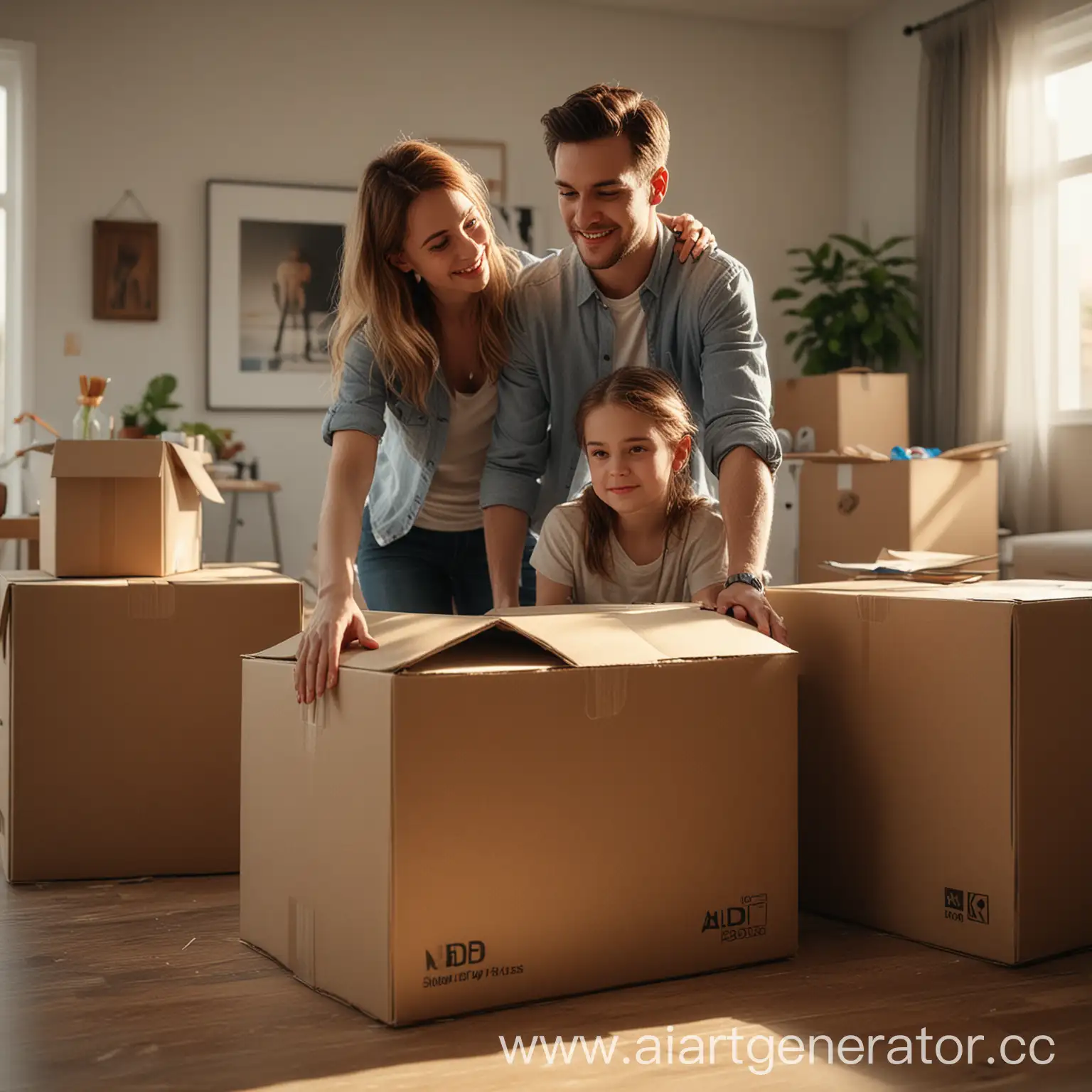 A happy family Mom and Dad and kid unpacks moving boxes in a new apartment, natural light,cinematic volumetric light,soft ton of skin,natural colors,film look,film style,Kodak film,beautiful face,beautiful faces,realistic skin,natural soft ton of skin,harmonious proportions faces,balanced proportions faces,pro color palette, bright and juicy colors, pro photo, pro shadows design, pro color tone mapping,elegant,pro color rendering,high end art,pro photo,photo focus,photographic, photorealistic,hyper realistic,highly detailed,shot on Nikon D850 camera by Julia Sariy, rtx 4080,8k,8k detailed,unreal engine 5,octane render,txaa,fkaa,rtx 3080,wide-angle shot 