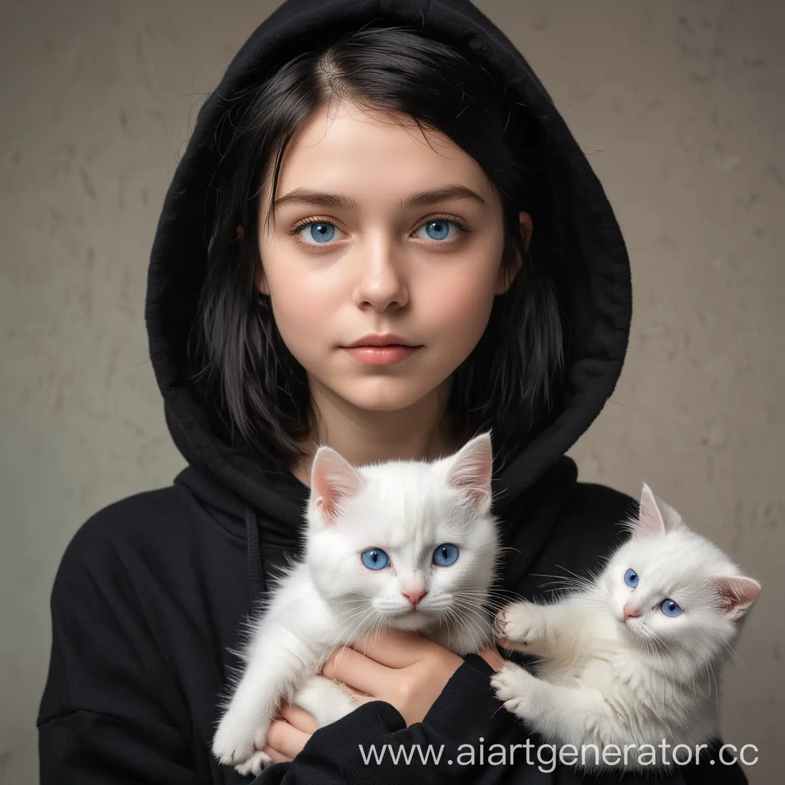 Девушка с черными короткими волосами в черном худи держит гуся рядом белый кот с голубыми глазами