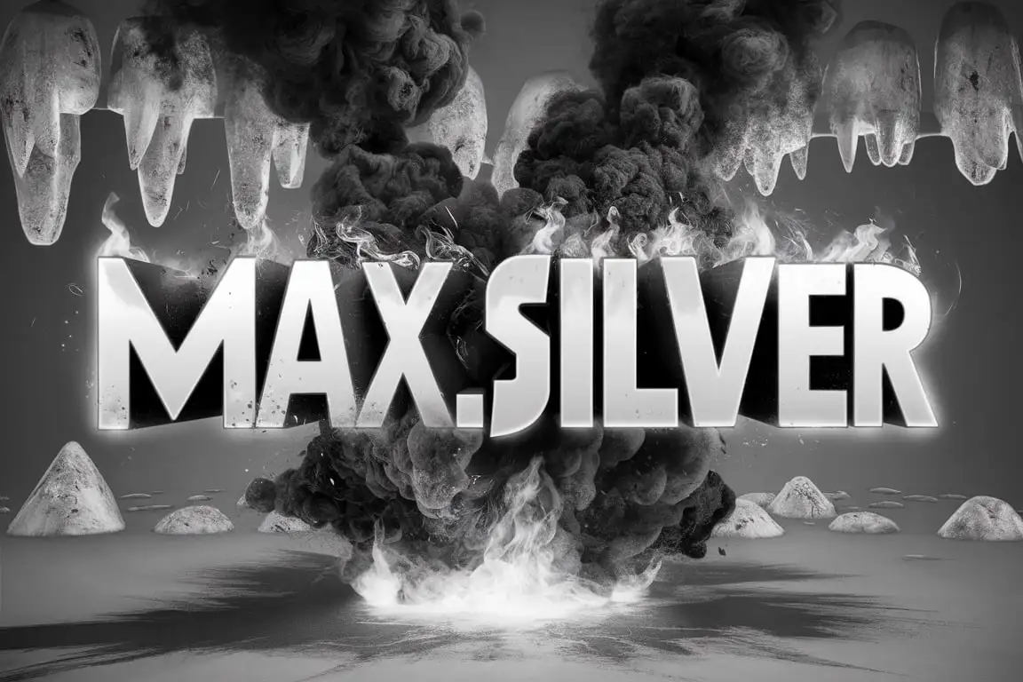 Smoke and ash and a bit of fire, confined inside the letters "MAX.SILVER", metroid like columns of melting ice over a solid black background، on a light
gray background, show the explosion coming out of the letters "MAX.SILVER".